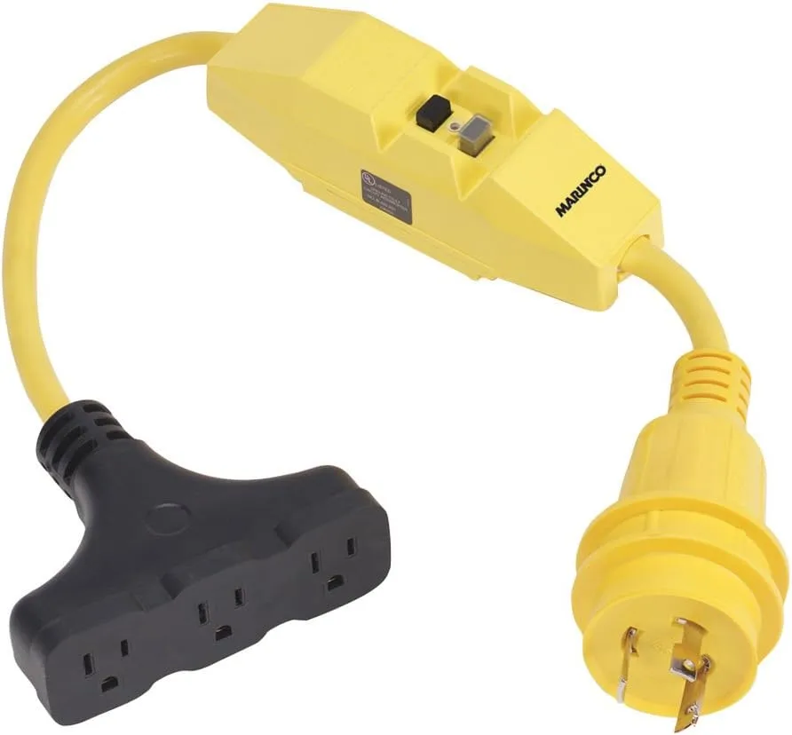 Marinco 199128 Pigtail Adapter, 30A 125V Male To 3-Way 15A 125V Female With GFCI,Yellow,Black