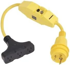 Marinco 199128 Pigtail Adapter, 30A 125V Male To 3-Way 15A 125V Female With GFCI,Yellow,Black