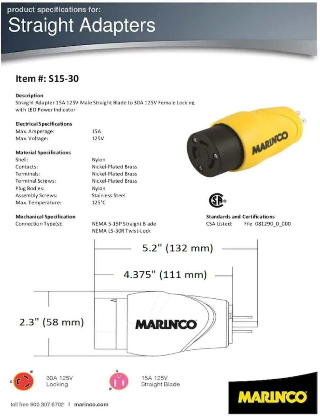 MARINCO Shore Power Straight Adapter