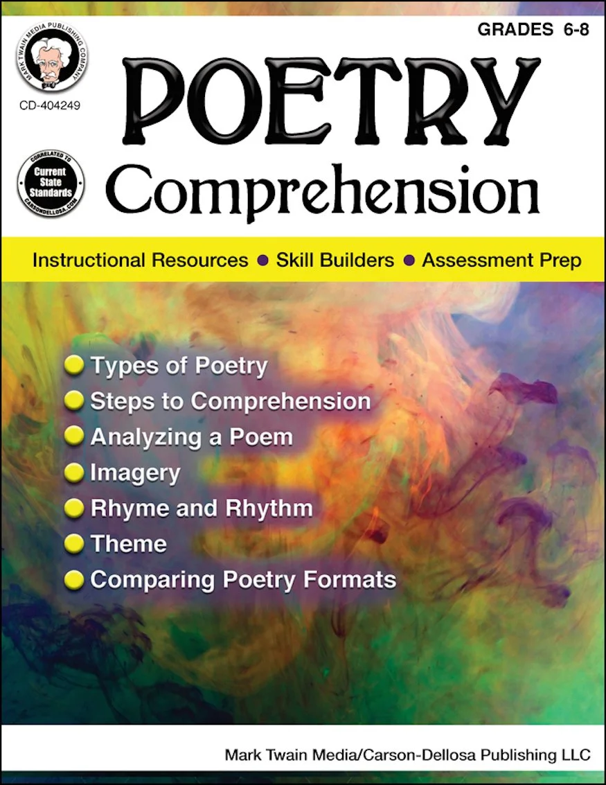 Mark Twain Grades 6-8 Poetry Reading Comprehension Workbook, Analyzing a Poem, Rhyme and Rhythm, Theme, Types, Formats