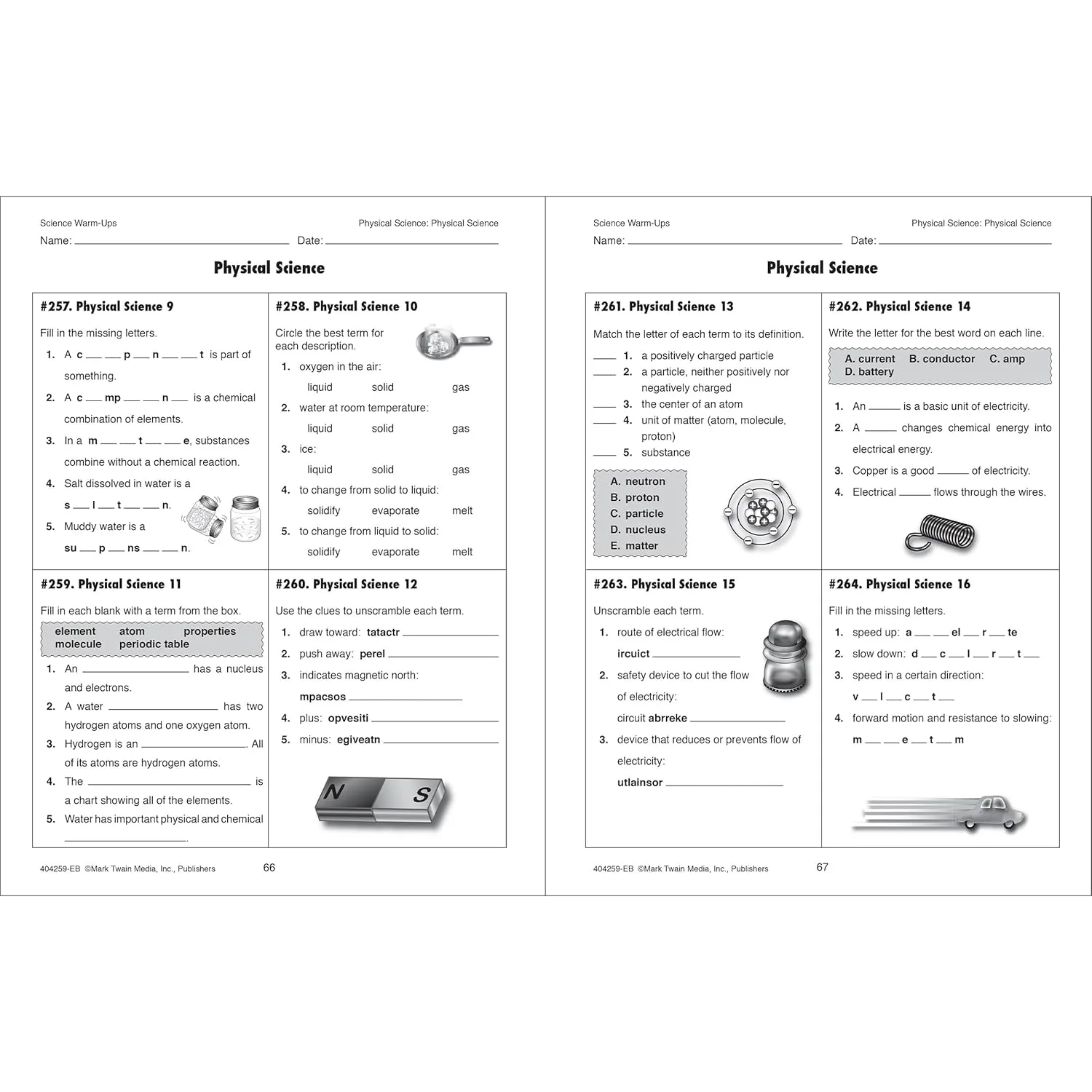 Mark Twain Science Warm-Ups Activity Book, Workbook for Grades 5 and Up, Space, Technology, Earth, Life, Anatomy, Physics