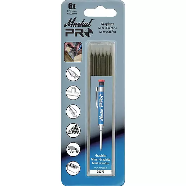 Markal - 96273 -Break Resistant Refills for Markal Pro Holder #96270, 2.8mm Diameter x 125mm Long, Graphite Color - 6 Pack