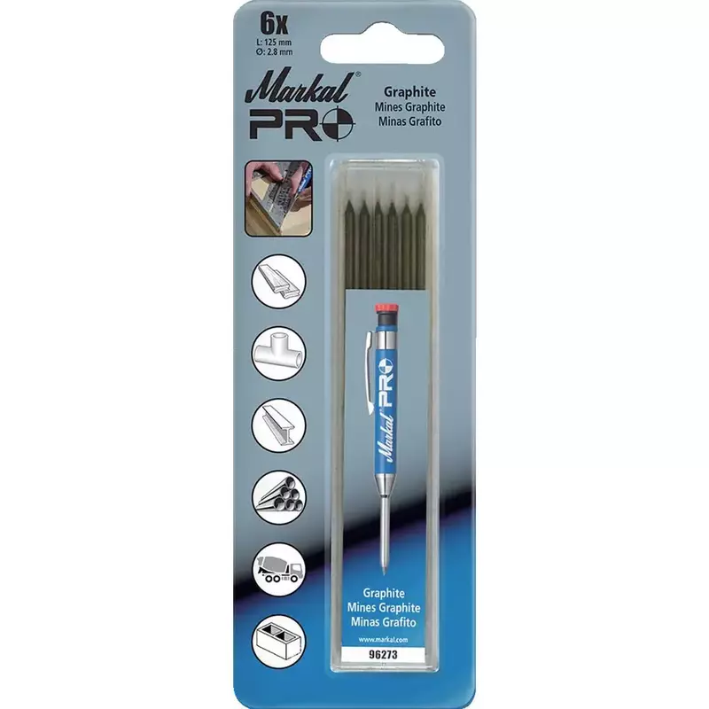 Markal - 96273 -Break Resistant Refills for Markal Pro Holder #96270, 2.8mm Diameter x 125mm Long, Graphite Color - 6 Pack