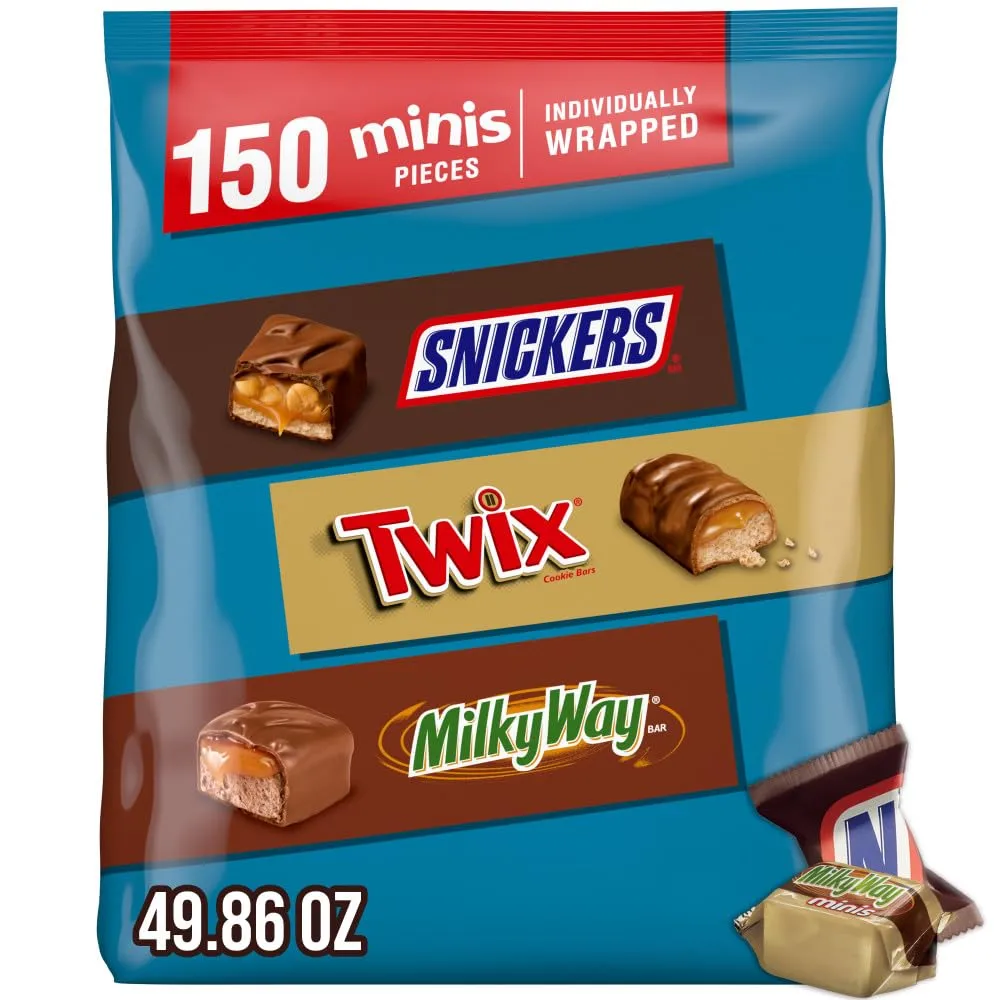 SNICKERS, TWIX & MILKY WAY Minis Assorted Chocolate Candy Variety Pack, Halloween Candy Bag, 150 Ct Bulk Bag 150 Ct (Pack of 1)