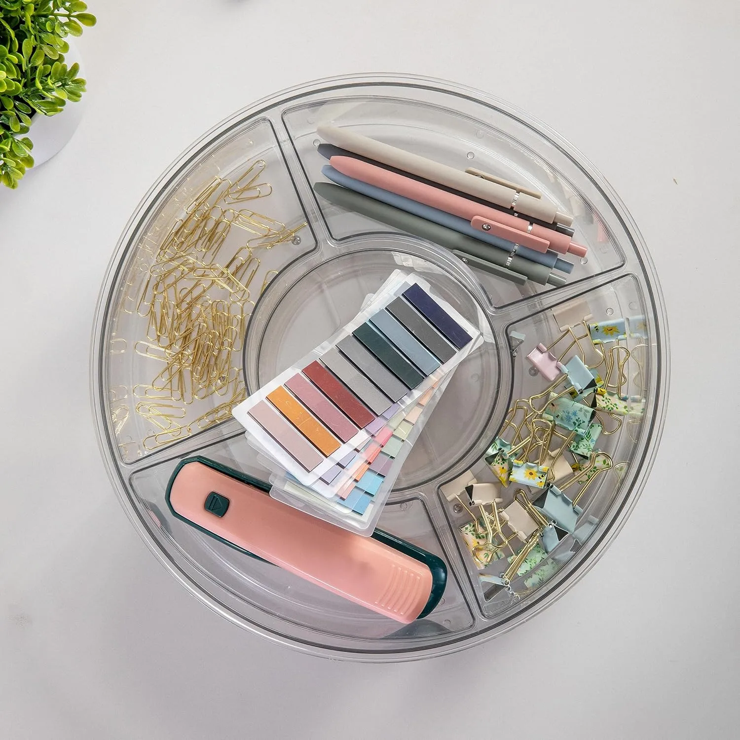 Martha Stewart Brody Divided Lazy Susan Organizer with 5 Removable Bins, Plastic 360° Rotating Desk Storage Organizer