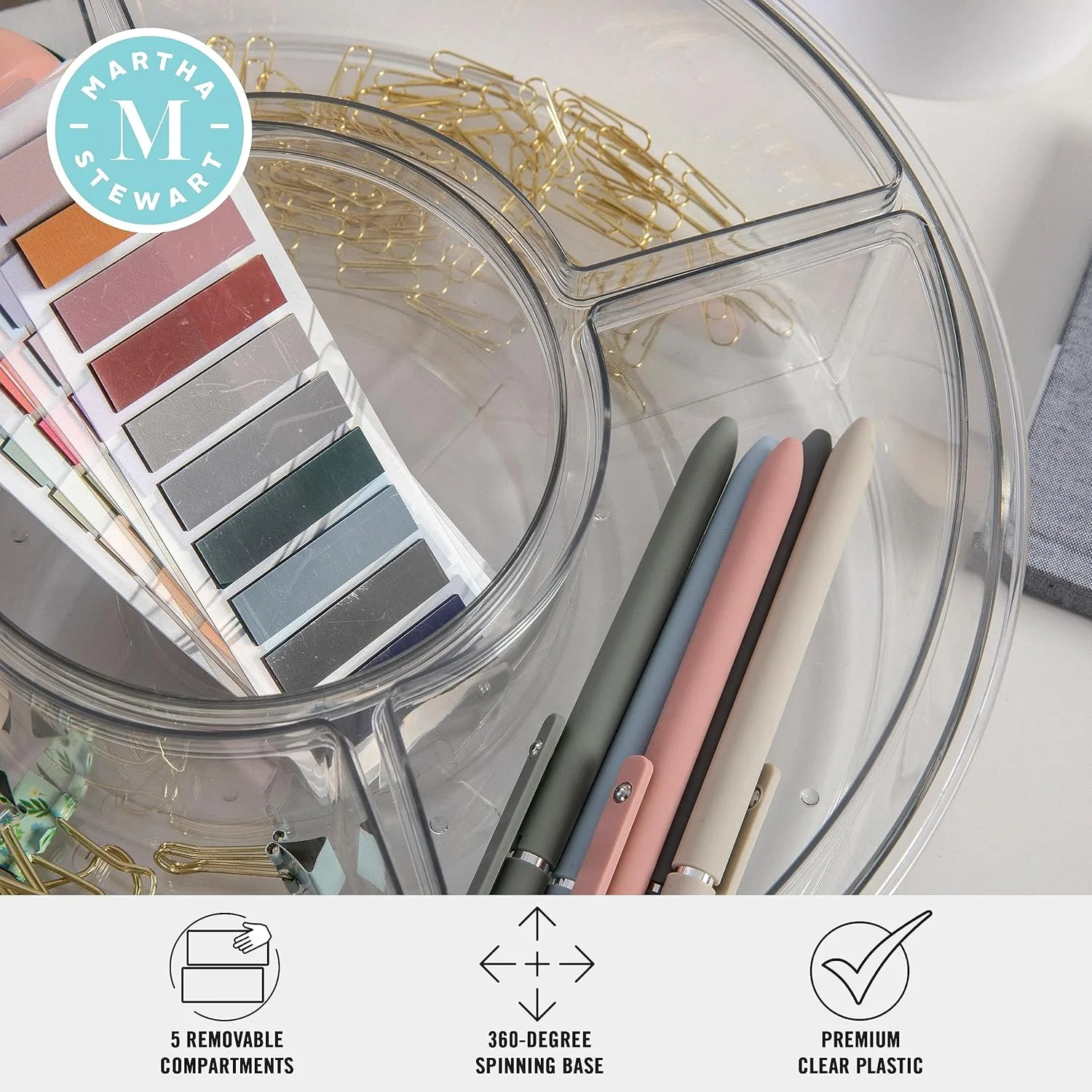 Martha Stewart Brody Divided Lazy Susan Organizer with 5 Removable Bins, Plastic 360° Rotating Desk Storage Organizer