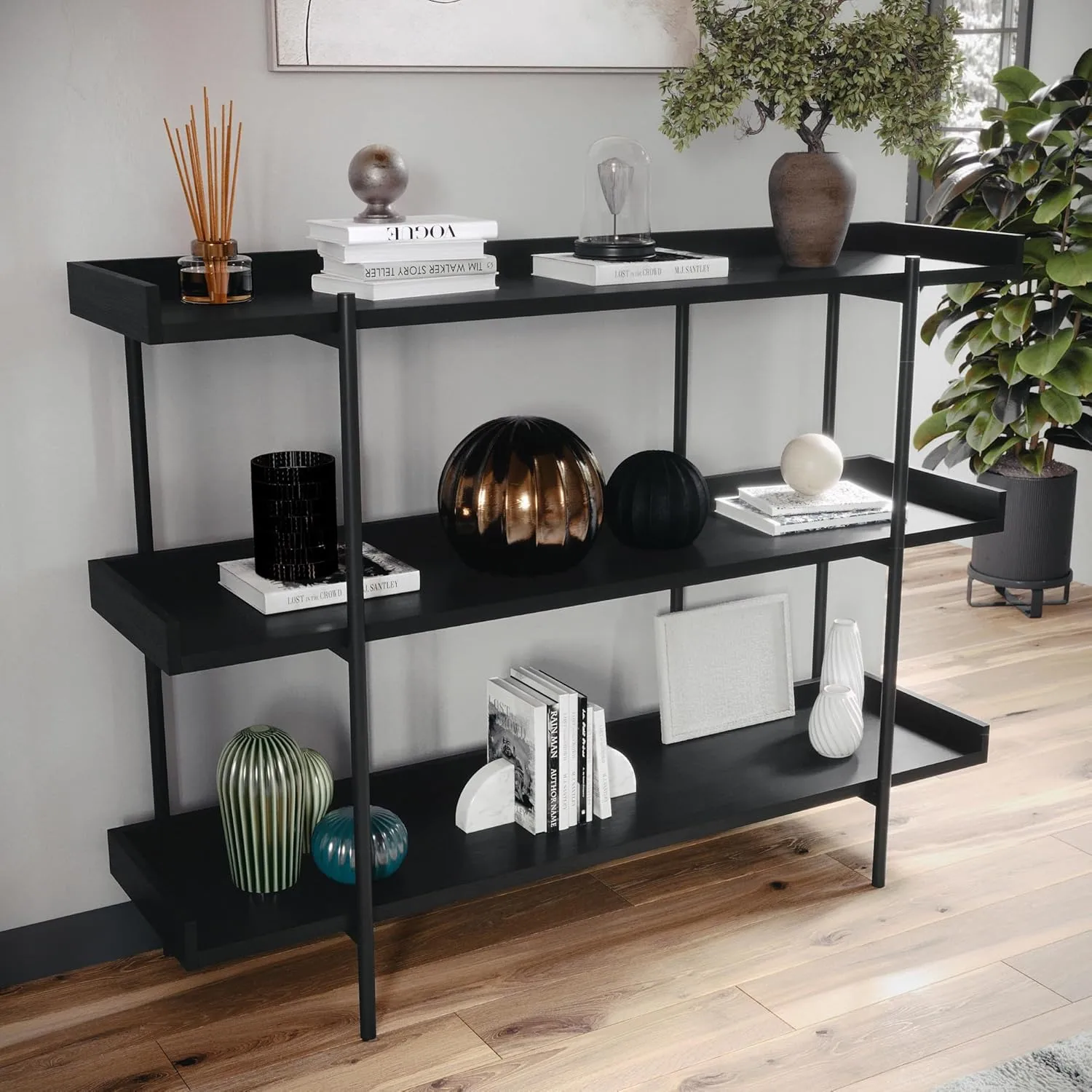 Martha Stewart Emmett 3 Shelf Storage Display Unit Bookcase with Metal, Set of 1, Walnut Wood Grain/Polished Brass Frame