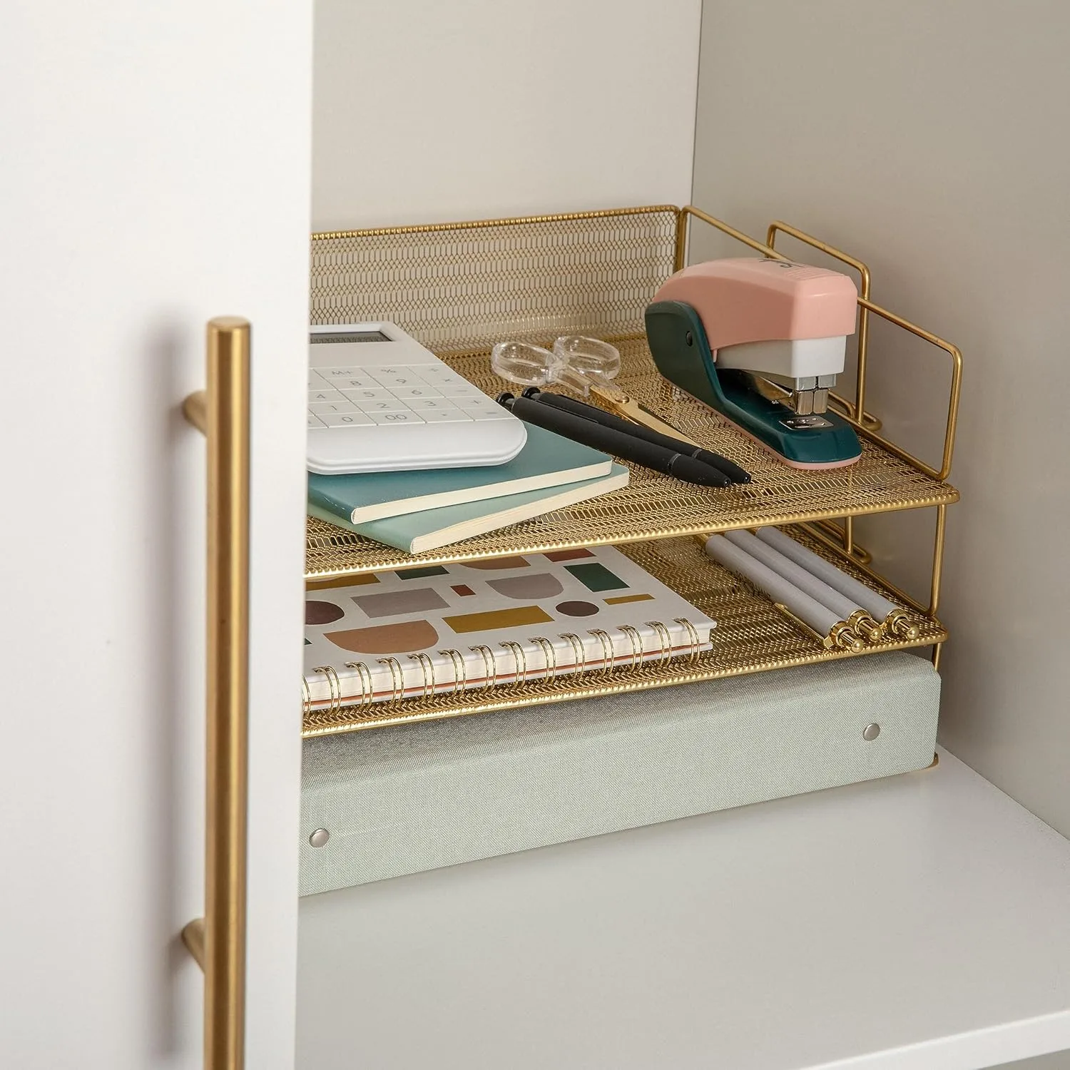 Martha Stewart Ryder 3 Tier Desk Letter Tray Organizer, Stackable Steel Mesh Inbox Tray for Files, Papers, or Letters, Gold
