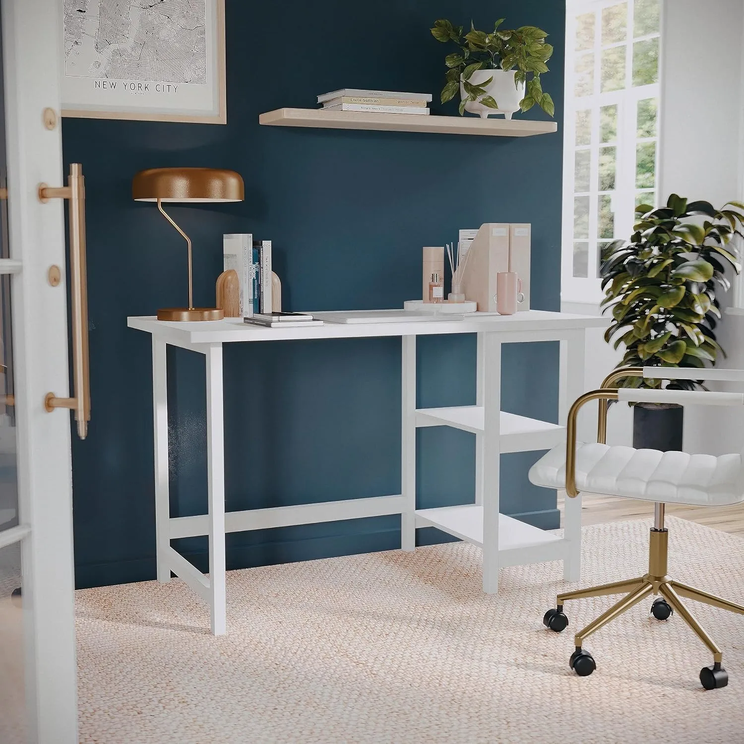 Martha Stewart Beckett Modern Trestle Desk with Open Side Shelving in White Wood Grain Finish