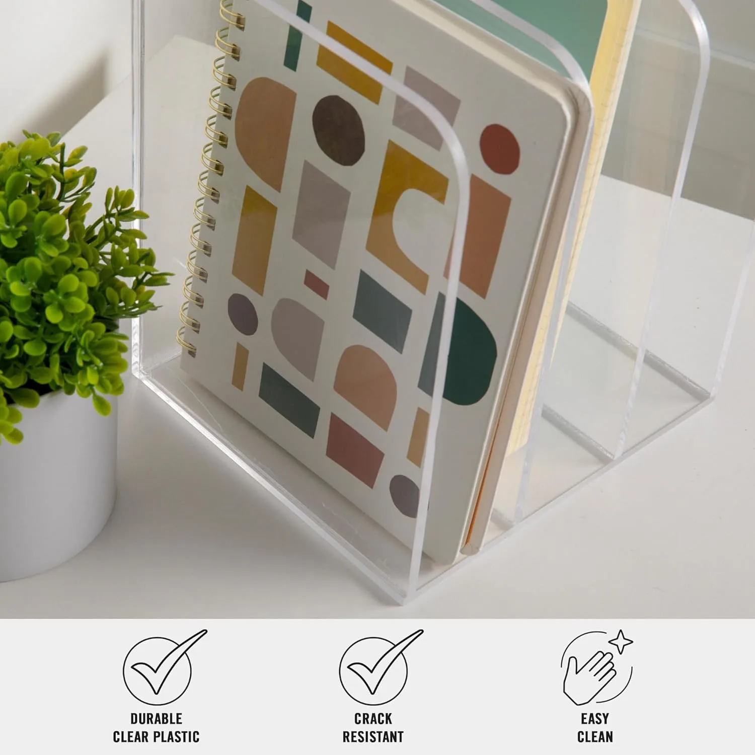 Martha Stewart Brody Desktop File Sorter - 3 Section Document Organizer for Binders, Folders, 8.5"W x 6.5"D, Clear