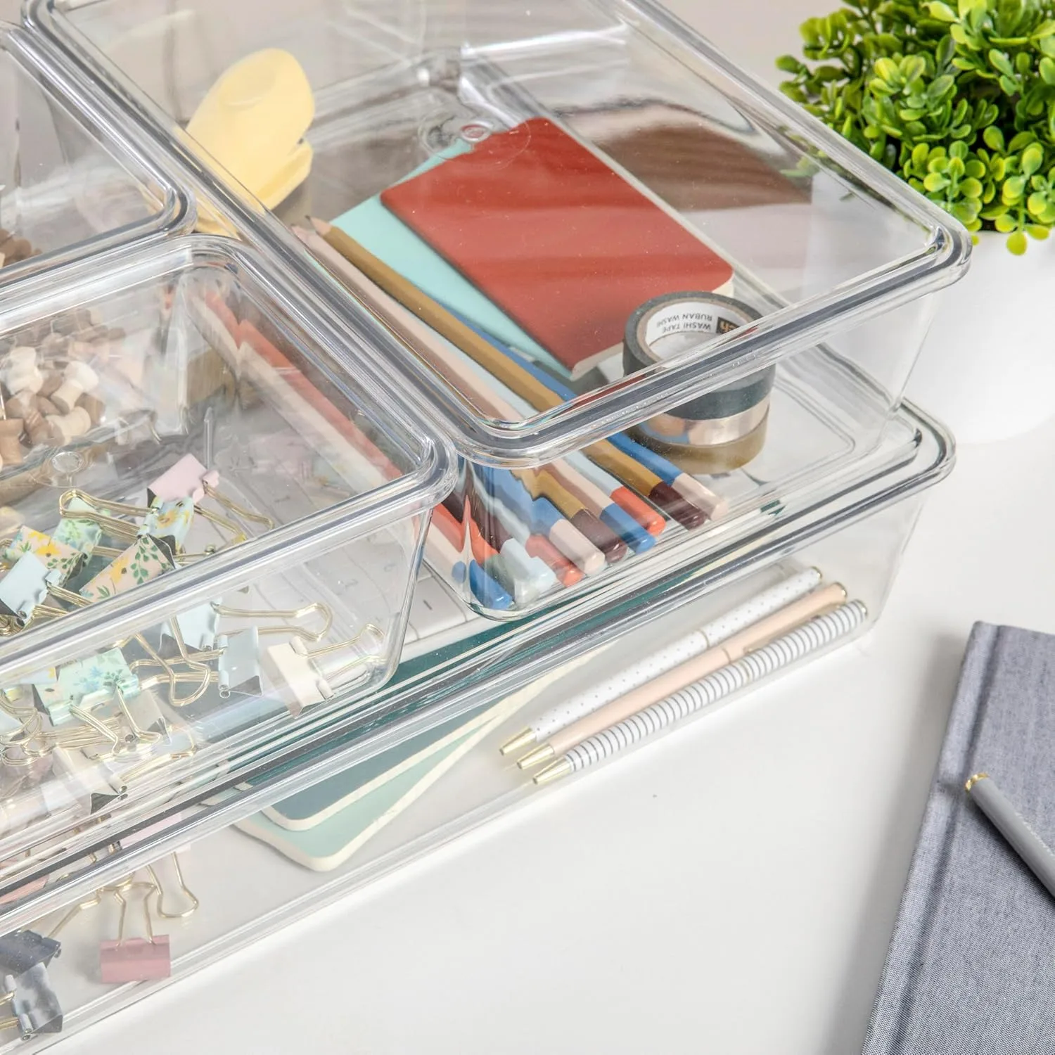 Martha Stewart Brody Plastic Storage Organizer Bins with Lids for Home Office, Kitchen, or Bathroom, 8 Pack