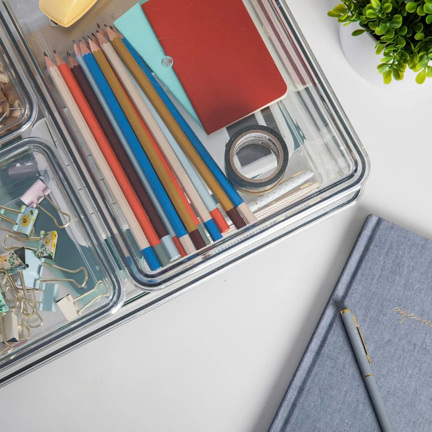 Martha Stewart Brody Plastic Storage Organizer Bins with Lids for Home Office, Kitchen, or Bathroom, 8 Pack
