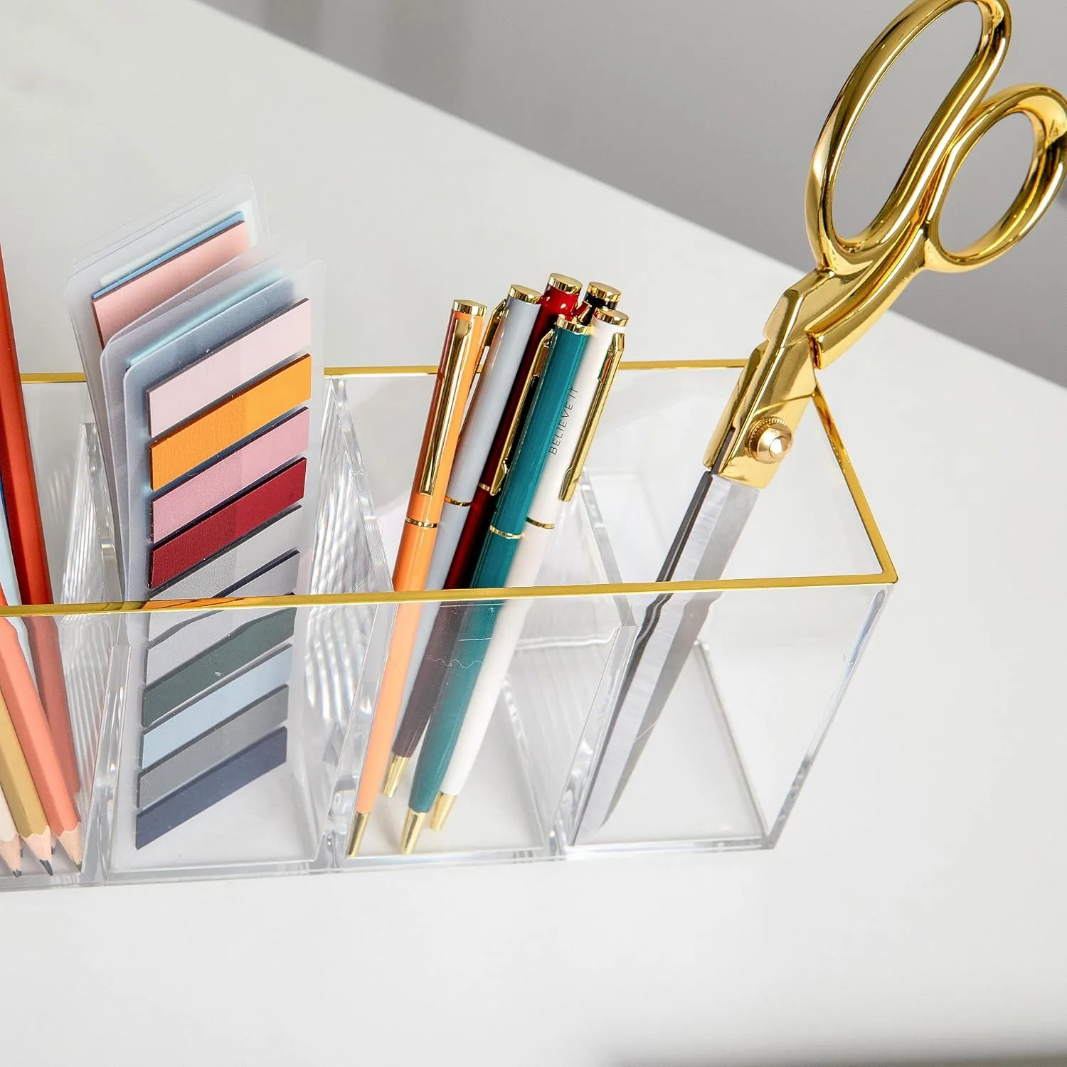 Martha Stewart Kerry Plastic 4 Compartment Pen Holder Office Desktop Organizer, with Gold Trim