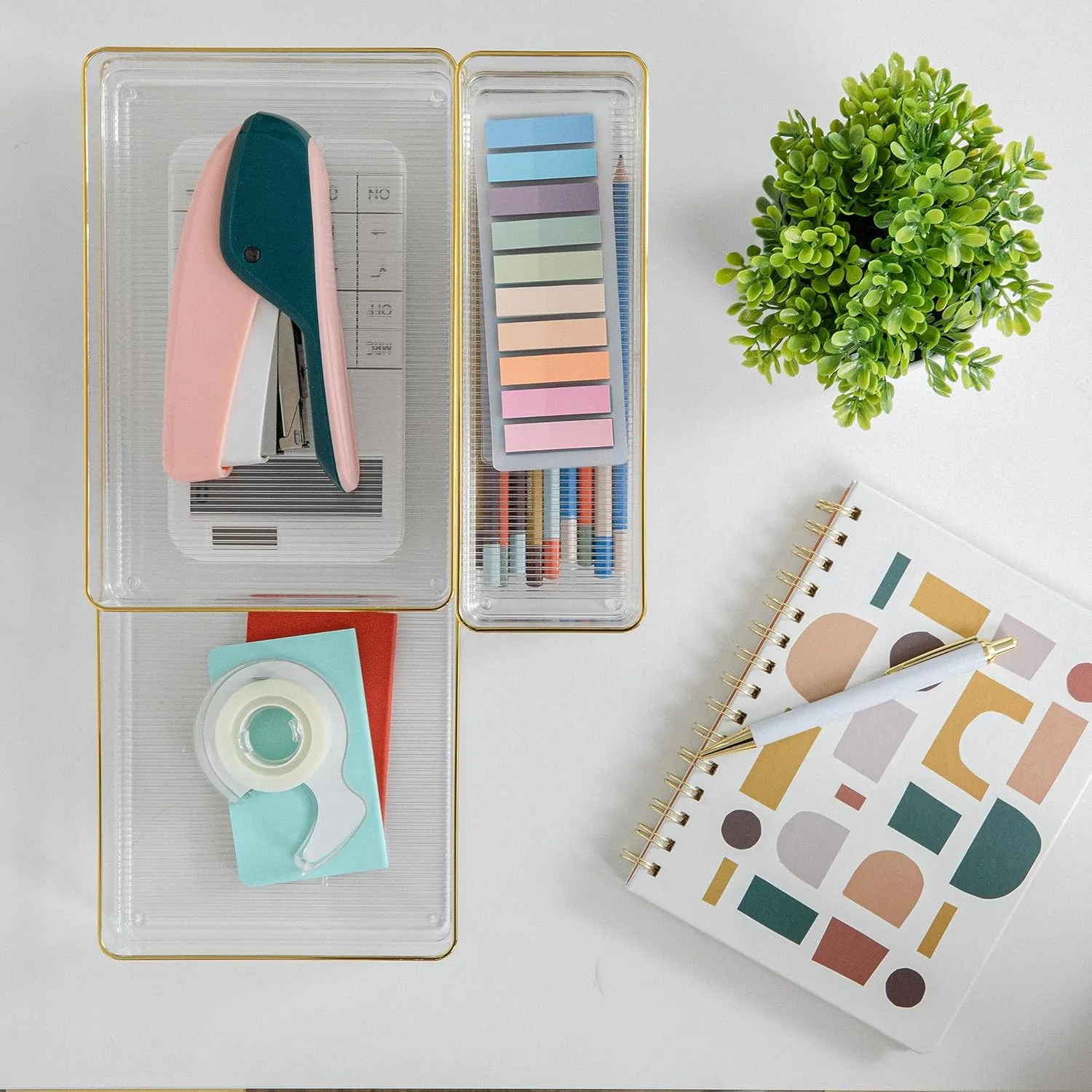 MARTHA STEWART Kerry Plastic Stackable Office Desk Drawer Organizers with Gold Trim