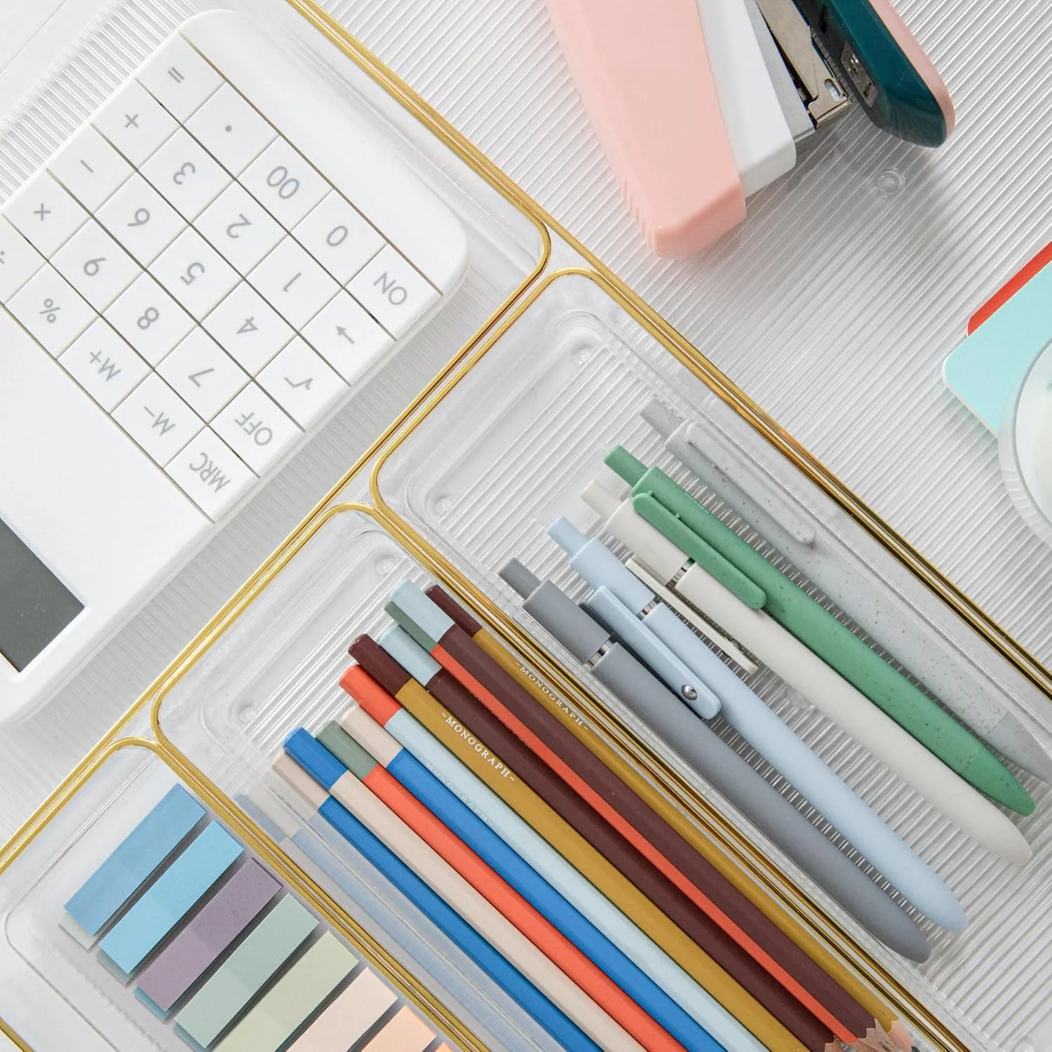 MARTHA STEWART Kerry Plastic Stackable Office Desk Drawer Organizers with Gold Trim