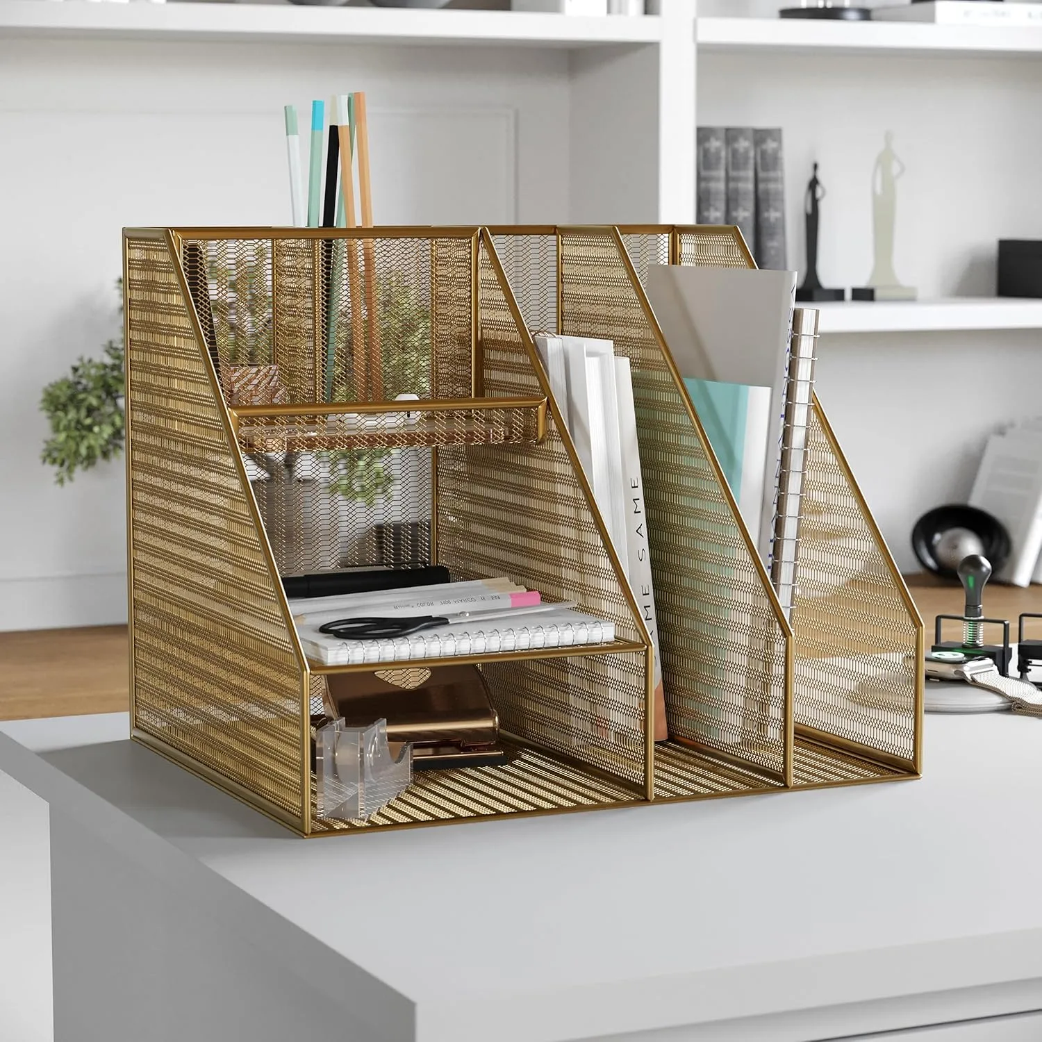 Martha Stewart Ryder Mesh Metal Large Desktop Organizer With Magazine File Holder, Pen Holder And Storage