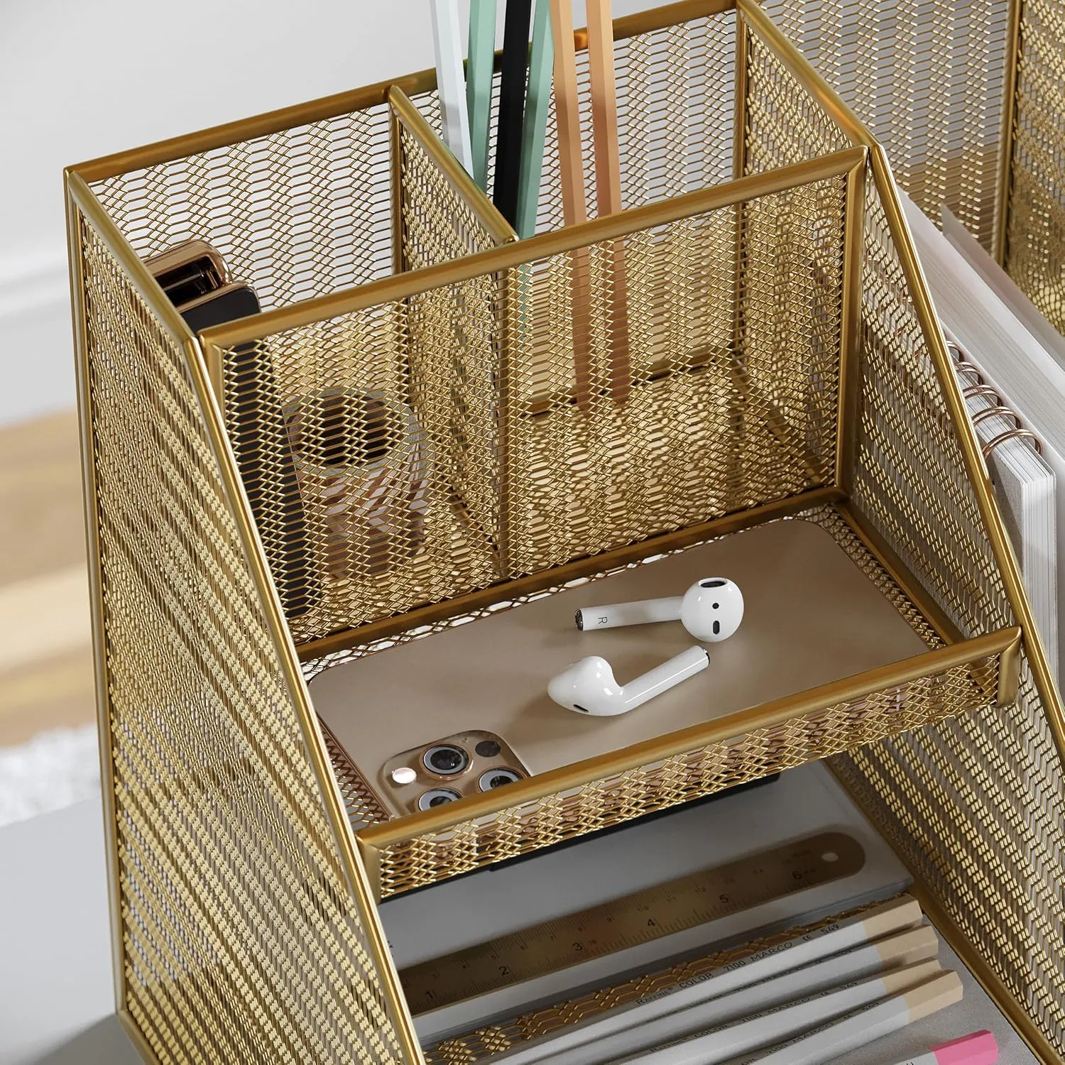 Martha Stewart Ryder Mesh Metal Large Desktop Organizer With Magazine File Holder, Pen Holder And Storage