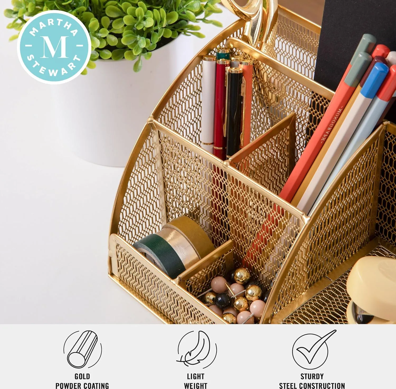 Martha Stewart Ryder Mesh Metal Small Desktop Organizer With Pen Holder And Drawer, 5inH x 8-3/4inW x 5-1/2inD, Gold