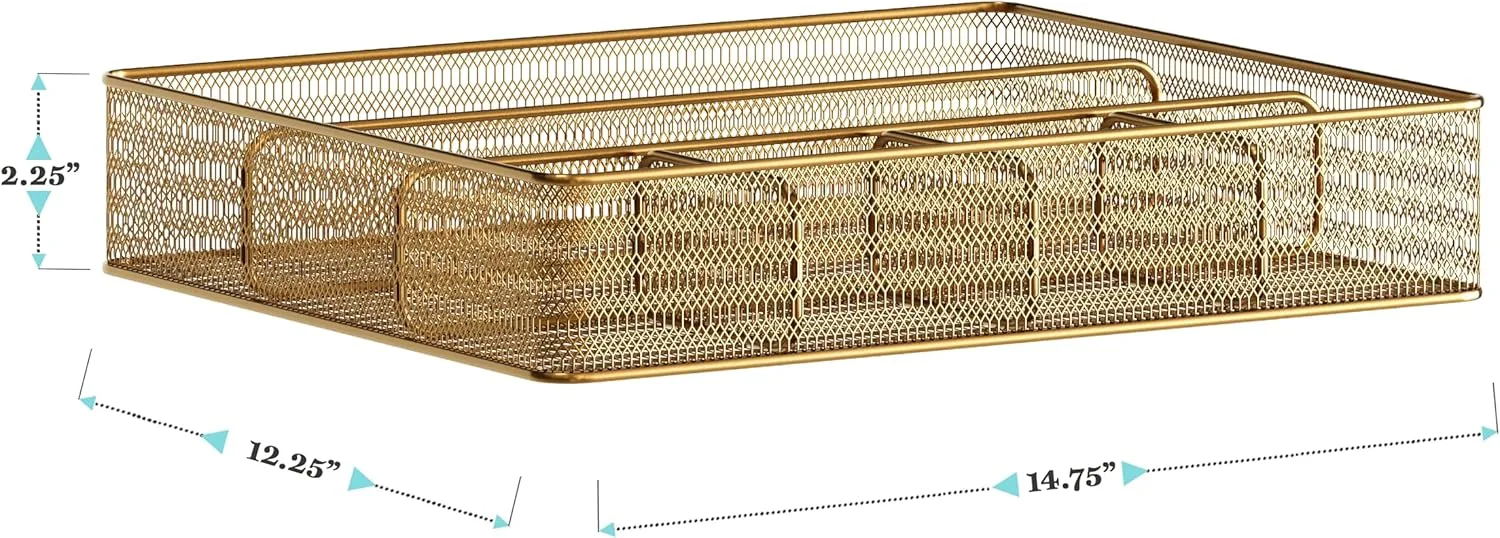 Martha Stewart Ryder Mesh Metal 6-Compartment Larger Desk Drawer Organizer, 2-1/4inH x 14-3/4inW x 12-1/4inD, Gold