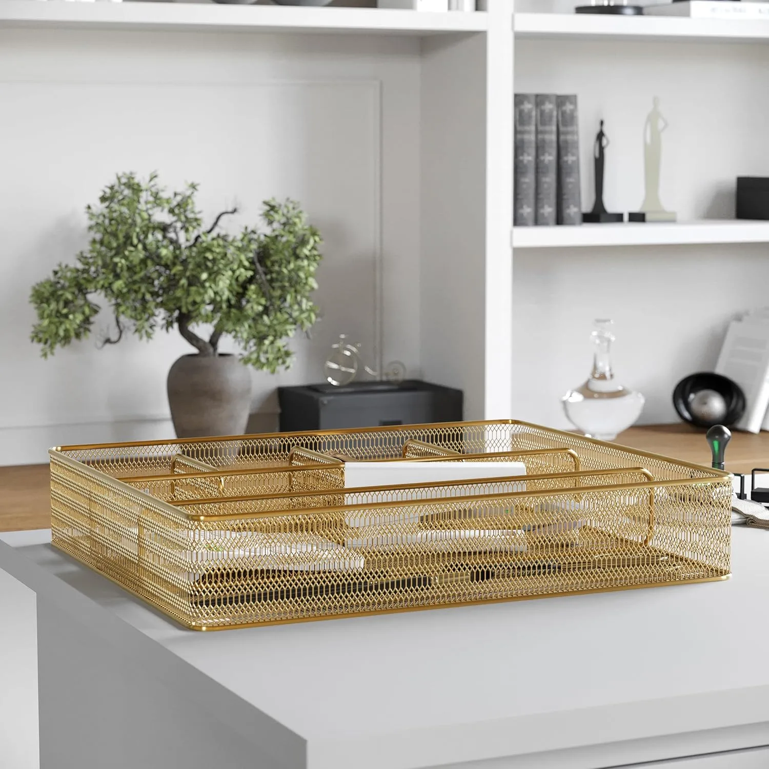Martha Stewart Ryder Mesh Metal 6-Compartment Larger Desk Drawer Organizer, 2-1/4inH x 14-3/4inW x 12-1/4inD, Gold