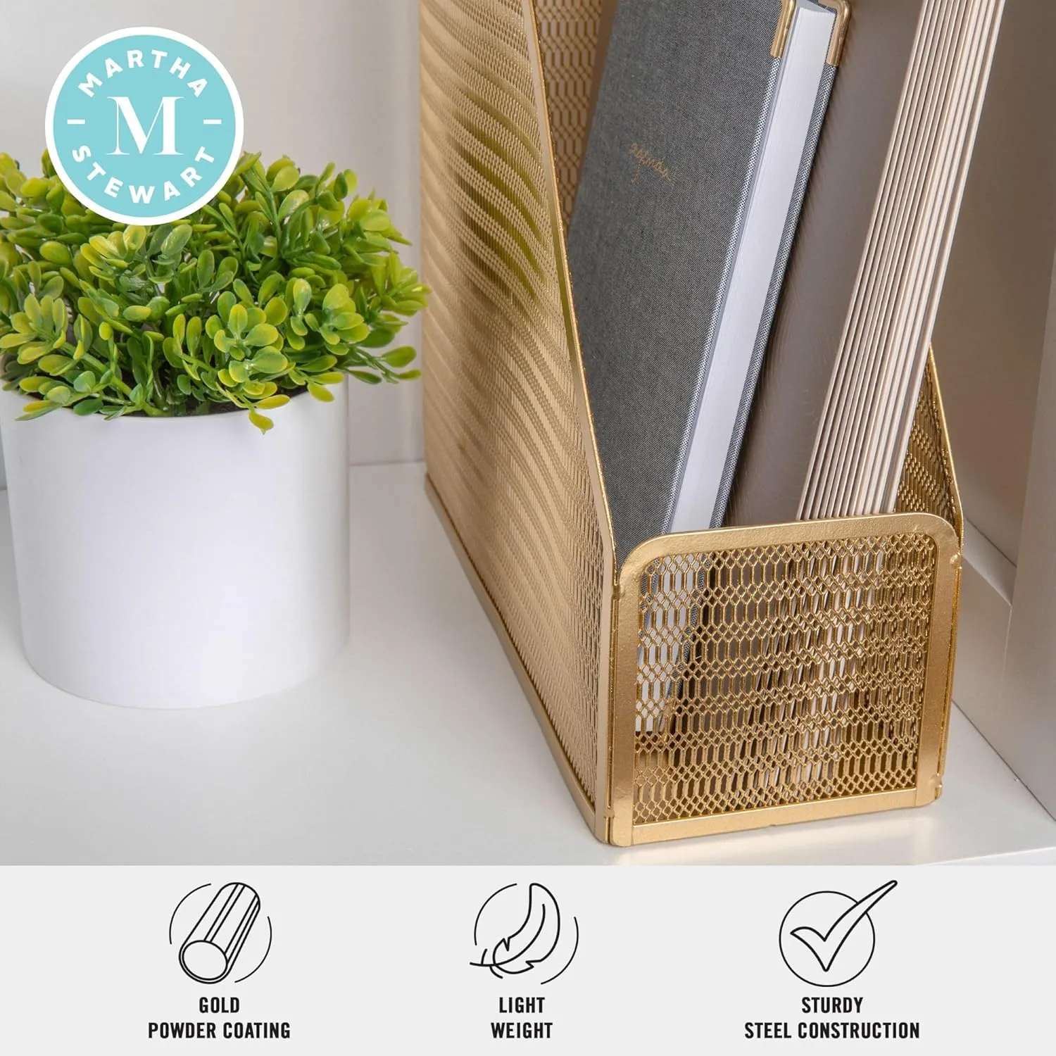 Martha Stewart Ryder Mesh Metal Single-Slot Magazine File Holder Desktop Organizer, 11-1/2inH x 3-3/4inW x 9-3/4inD, Gold