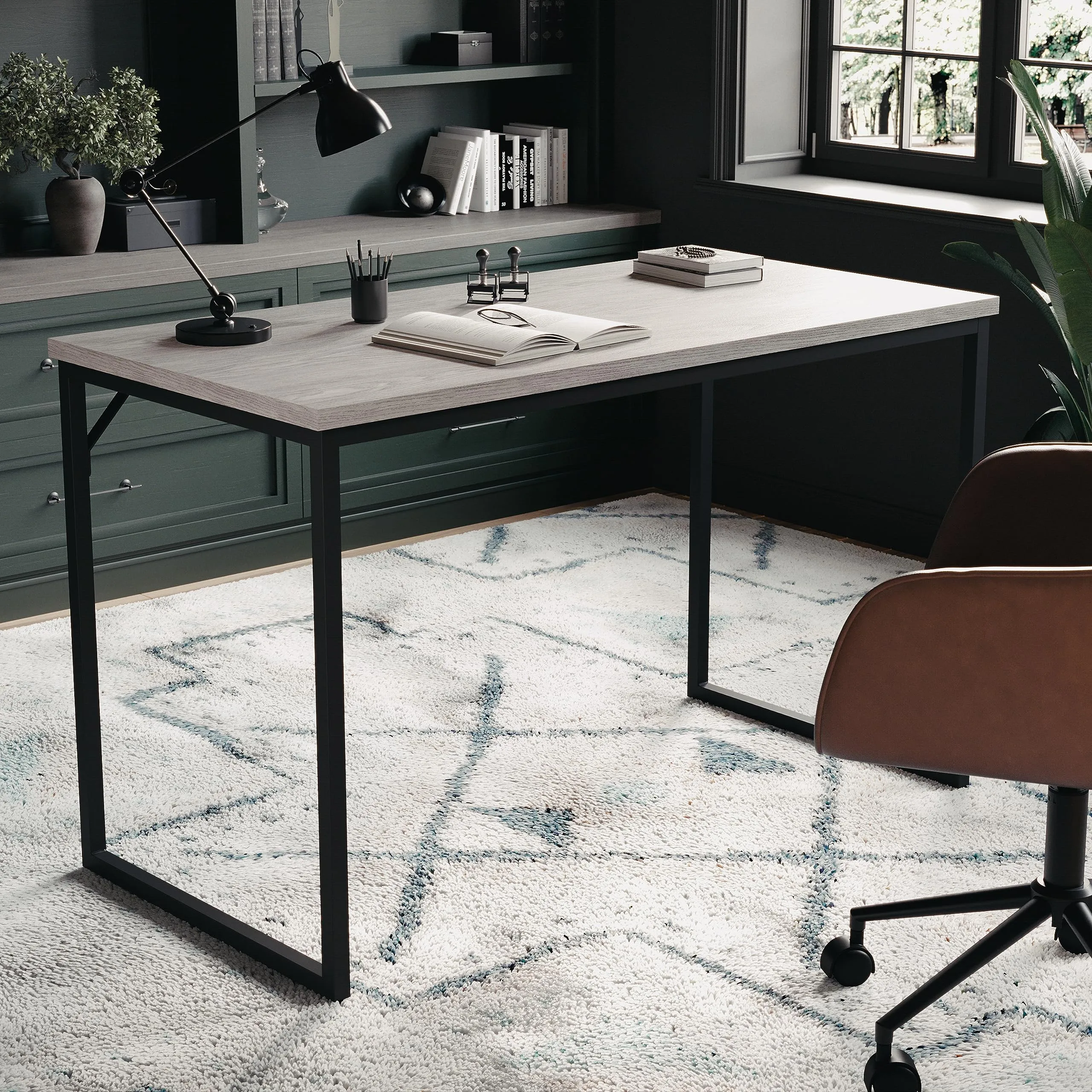 Martha Stewart Noah Home Office Parsons Desk in Gray Wood Grain with Oil Rubbed Bronze Metal Frame Gray Top/Oil Rubbed