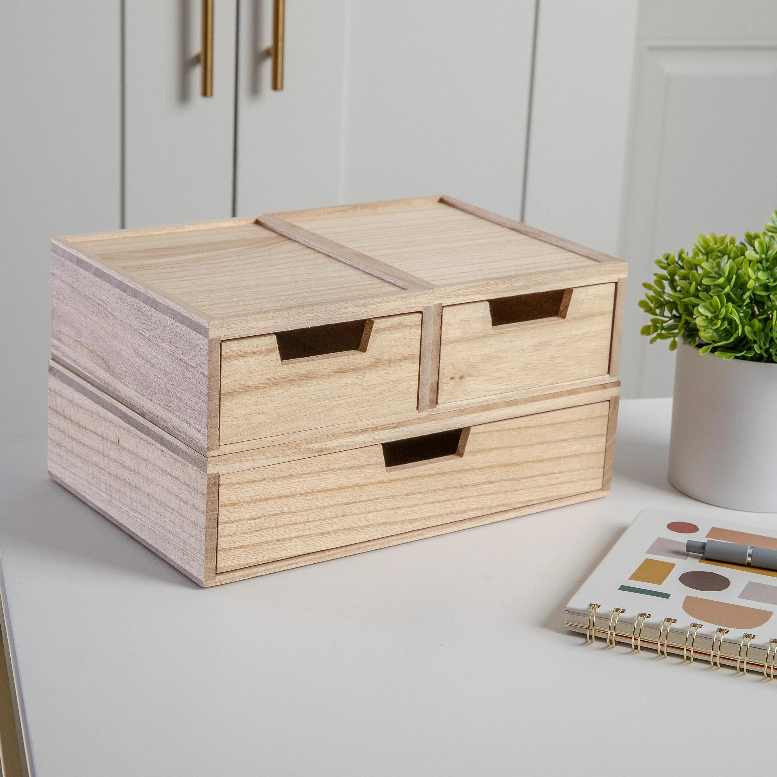 MARTHA STEWART Weston Stackable Wooden Storage Boxes with Pullout Drawers, Paulownia Wood Organizers