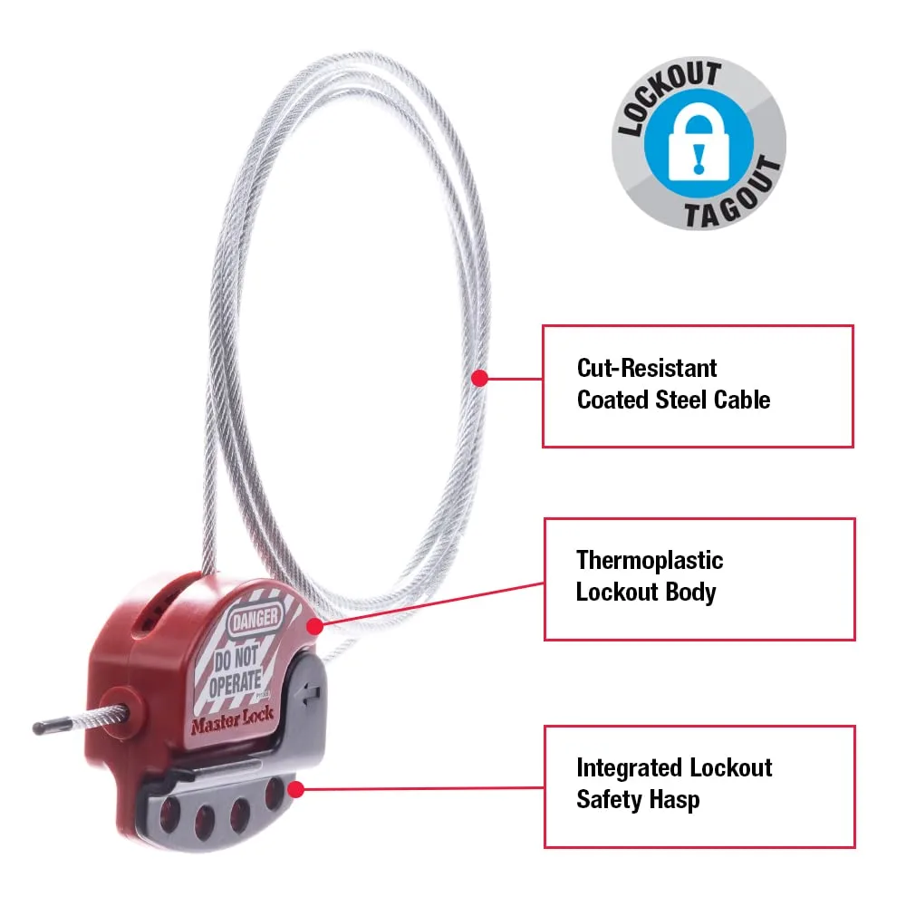 Master Lock 1457E410KA Group Lockout Kit, Red & S806 Adjustable Tagout Steel Cable, 5/32" Diameter
