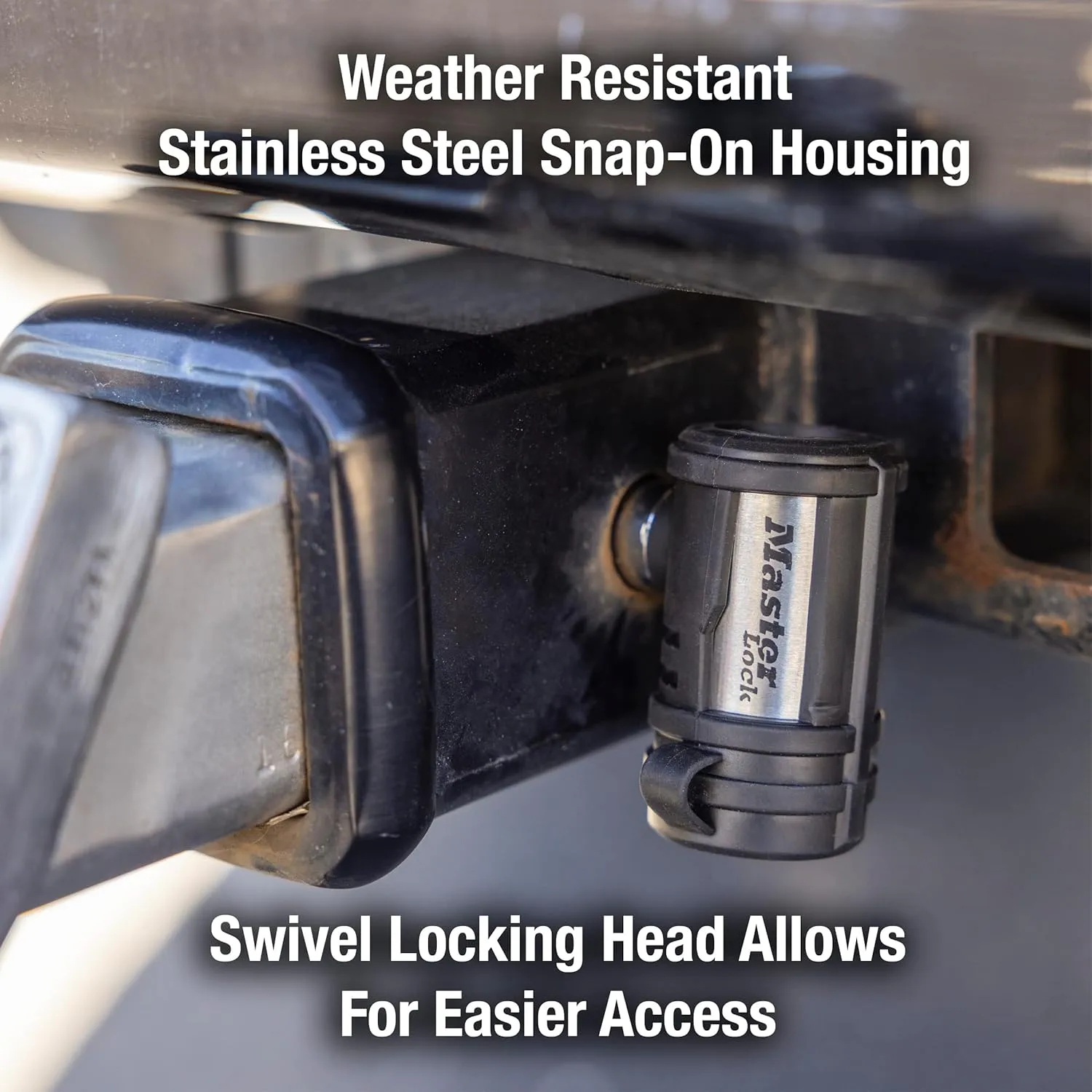 Master Lock Receiver Lock, 1/2 in. and 5/8 in. Swivel Head, Weather Resistant Trailer Coupler Locking Hitch Pin with Keys for Protecting Trailers, RVs, 2866DAT