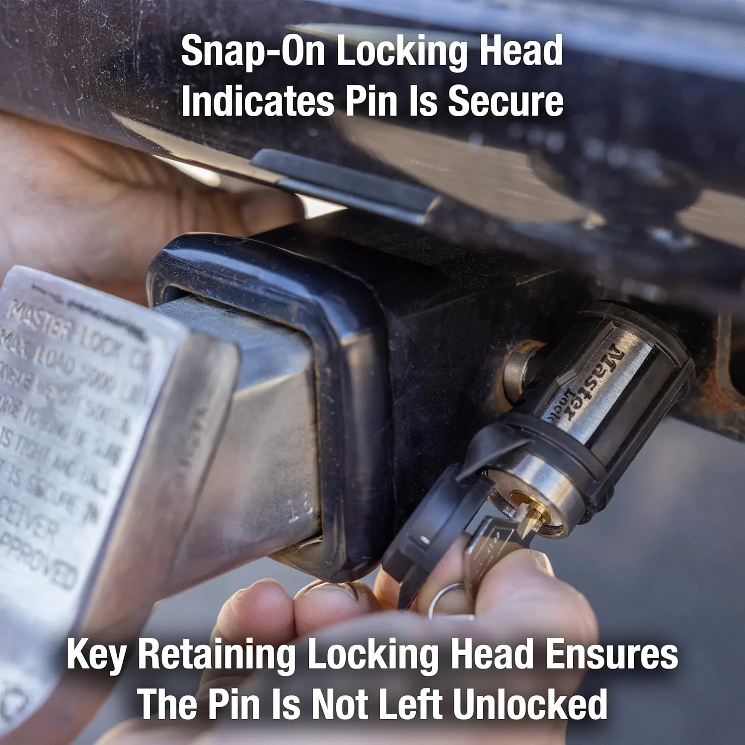 Master Lock Receiver Lock, 1/2 in. and 5/8 in. Swivel Head, Weather Resistant Trailer Coupler Locking Hitch Pin with Keys for Protecting Trailers, RVs, 2866DAT