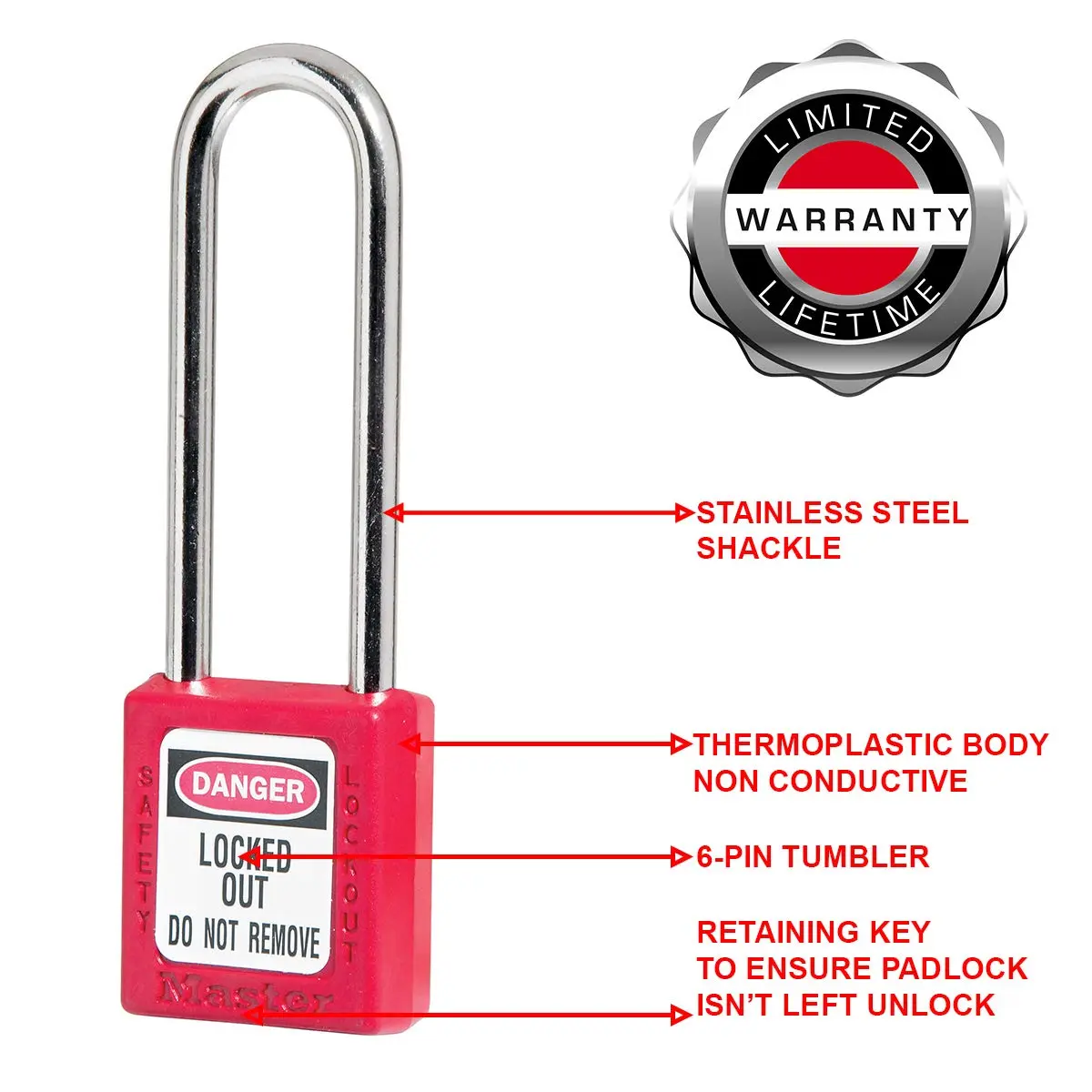 Master Lock 410LT Lockout Tagout Safety Padlock with Key, Extended Length Shackle