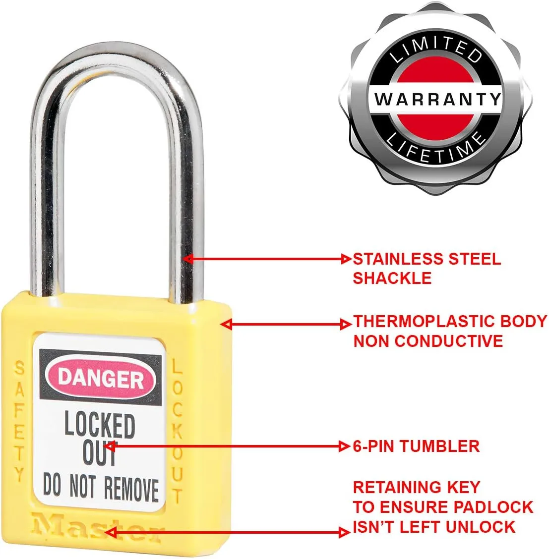 Master Lock - 410YLW Yellow 410 Xenoy Safety Padlock with Short Body, 1/4" x 1-1/2" Shackle (Pack of 6) 1-1/2" (3.8cm) wide