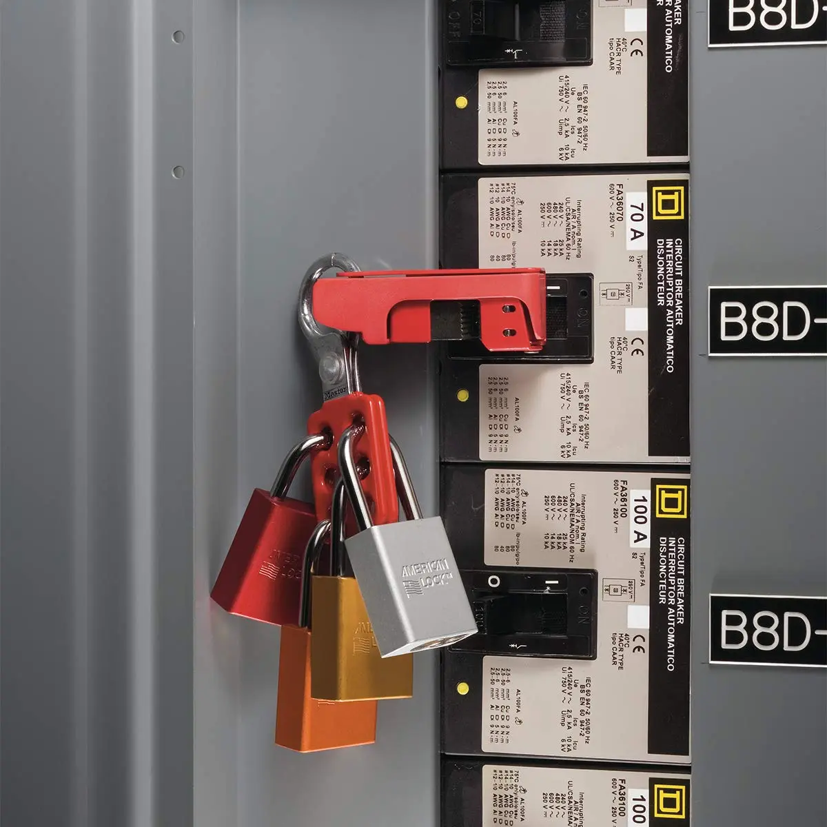 Master Lock 421 Lockout Tagout Hasp with Vinyl-Coated Handle and Extended Jaw, Red, "1-1/2"" Inside jaw Diameter"