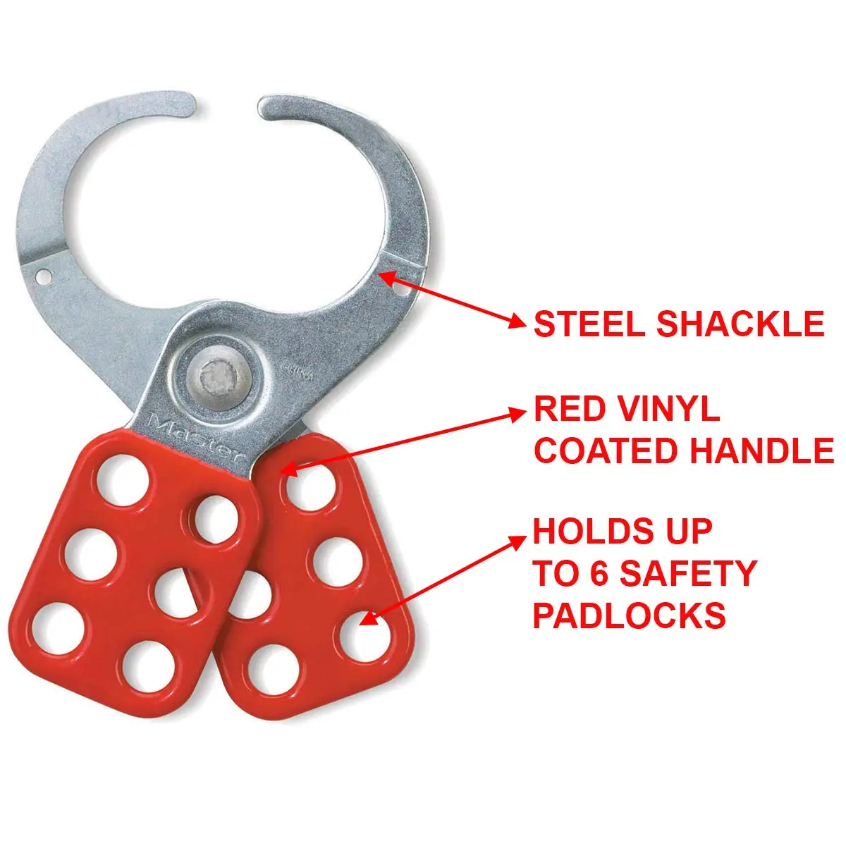 Master Lock 421 Lockout Tagout Hasp with Vinyl-Coated Handle and Extended Jaw, Red, "1-1/2"" Inside jaw Diameter"