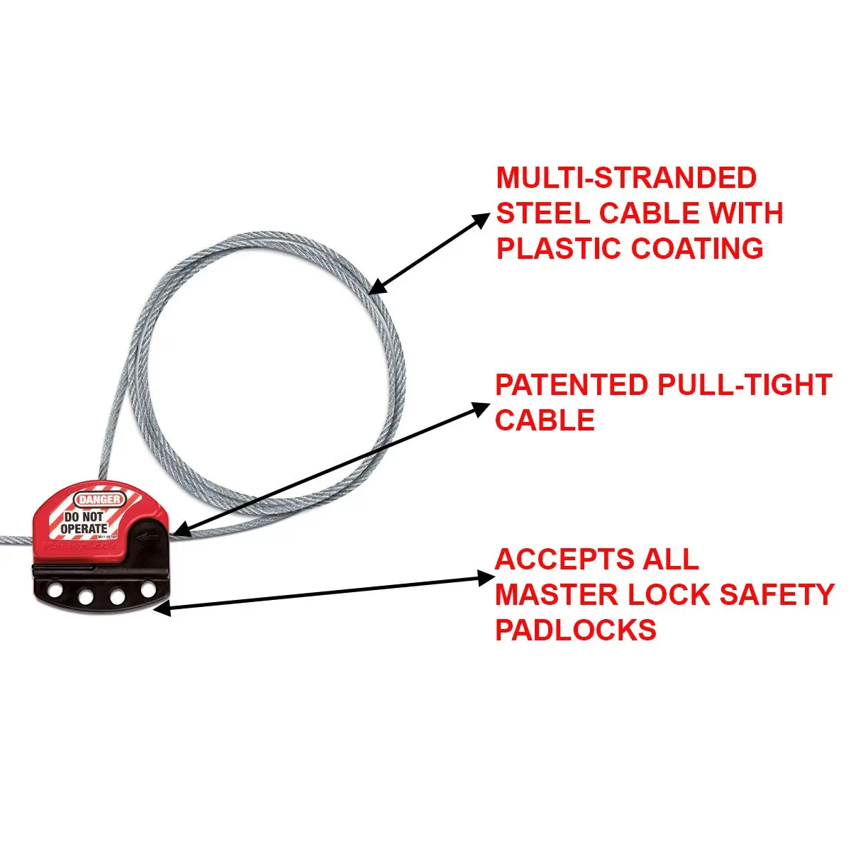 Master Lock S806 Adjustable Cable Lockout, 6 ft, 5/32" Dia, Black/Red