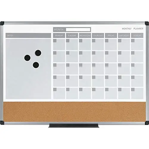 MasterVision 3-in-1 Cork Planner Board, 24 x 36 in, Satin Aluminum Frame