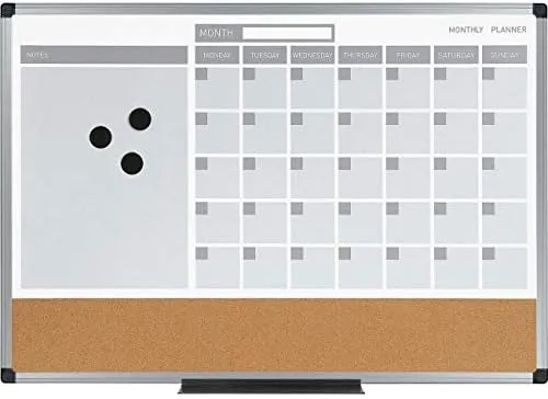 MasterVision 3-in-1 Cork Planner Board, 24 x 36 in, Satin Aluminum Frame