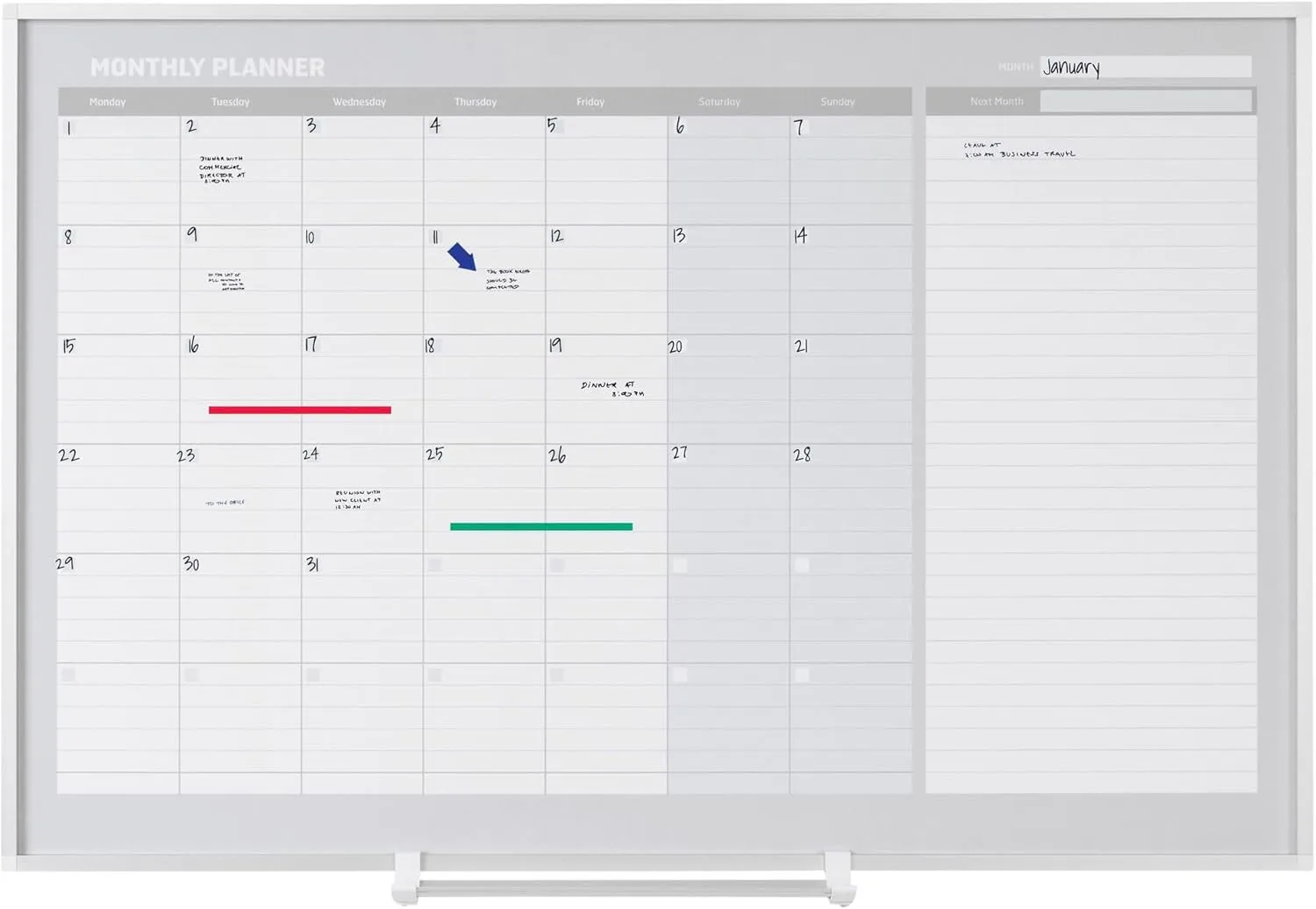 MasterVision Magnetic Dry-Erase Monthly Planner Board, 36 x 24 in, Aluminum Frame