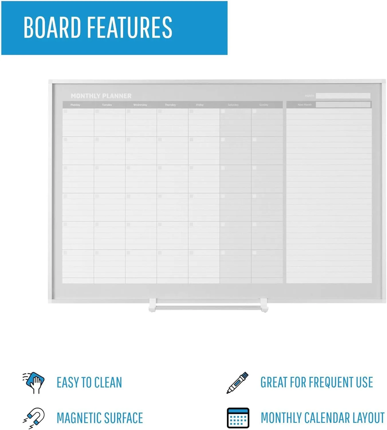 MasterVision Magnetic Dry-Erase Monthly Planner Board, 36 x 24 in, Aluminum Frame