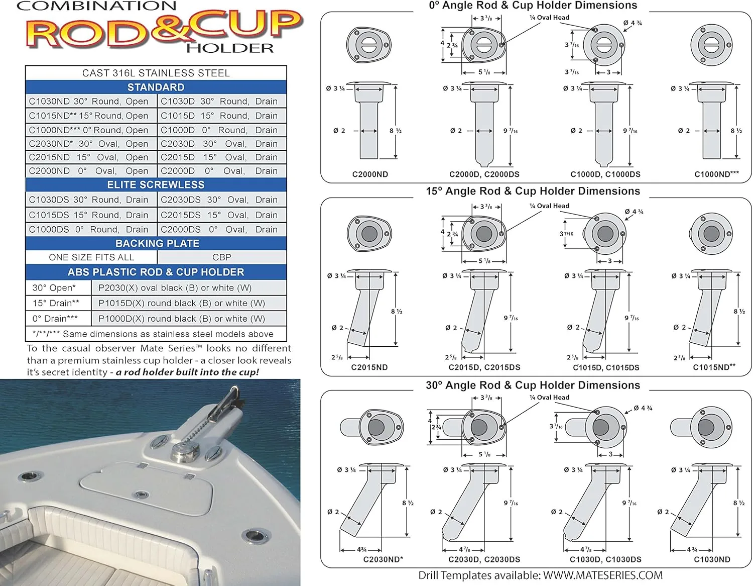 Mate Series Plastic 15° Rod & Cup Holder - Drain - Round Top - Black