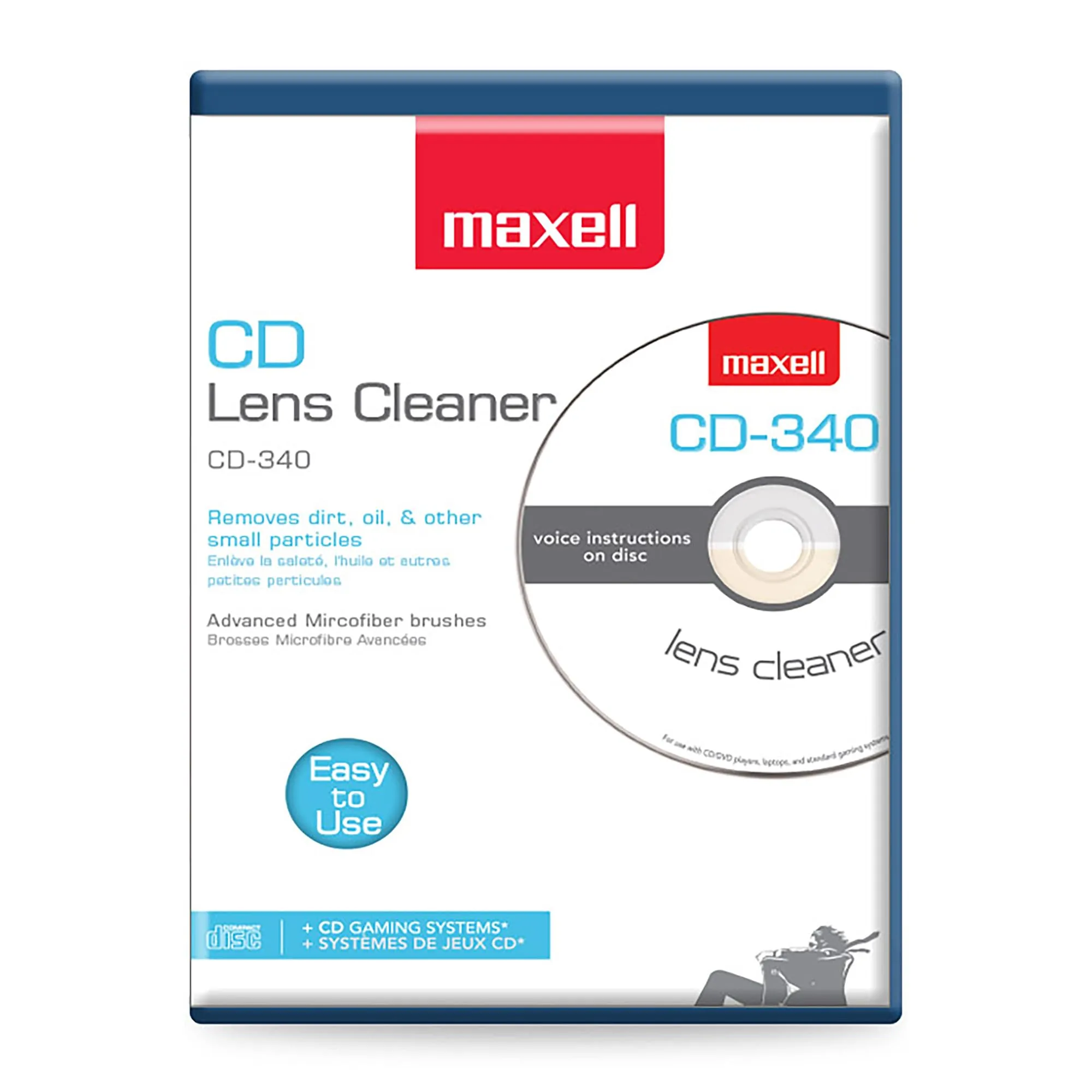 Maxell Pro 190048 CD-340 Laser Lens Cleaner — CD/DVD Player Lens Cleaner, Microfiber Brush, No Chemicals, 1 Count