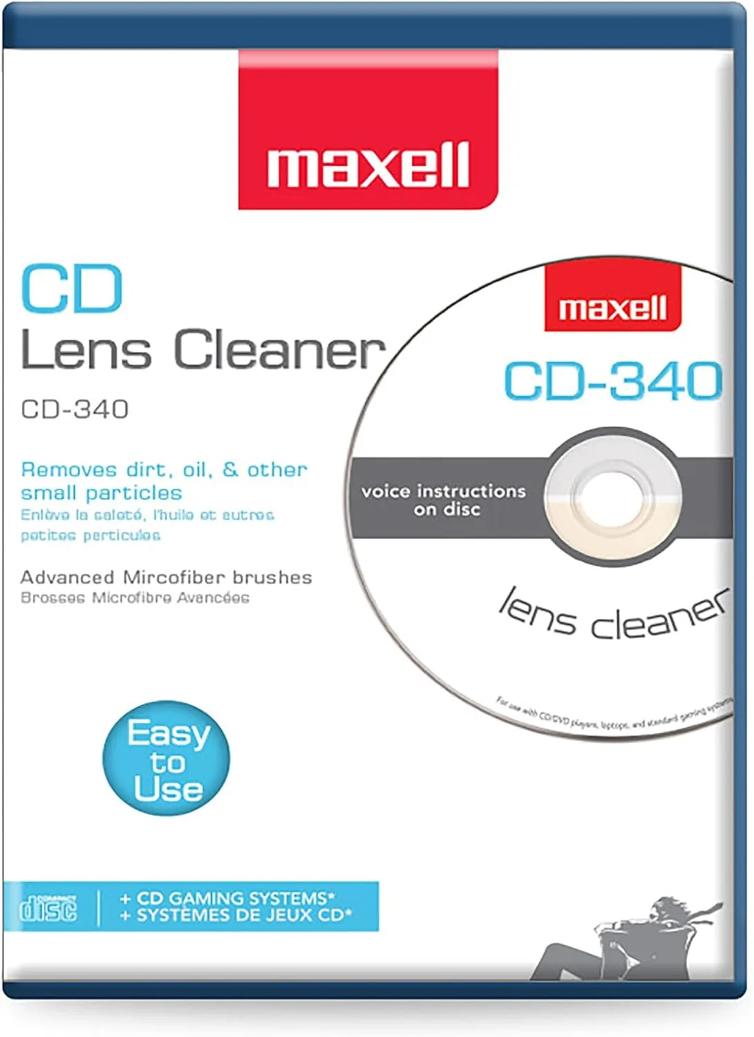 Maxell Pro 190048 CD-340 Laser Lens Cleaner — CD/DVD Player Lens Cleaner, Microfiber Brush, No Chemicals, 1 Count