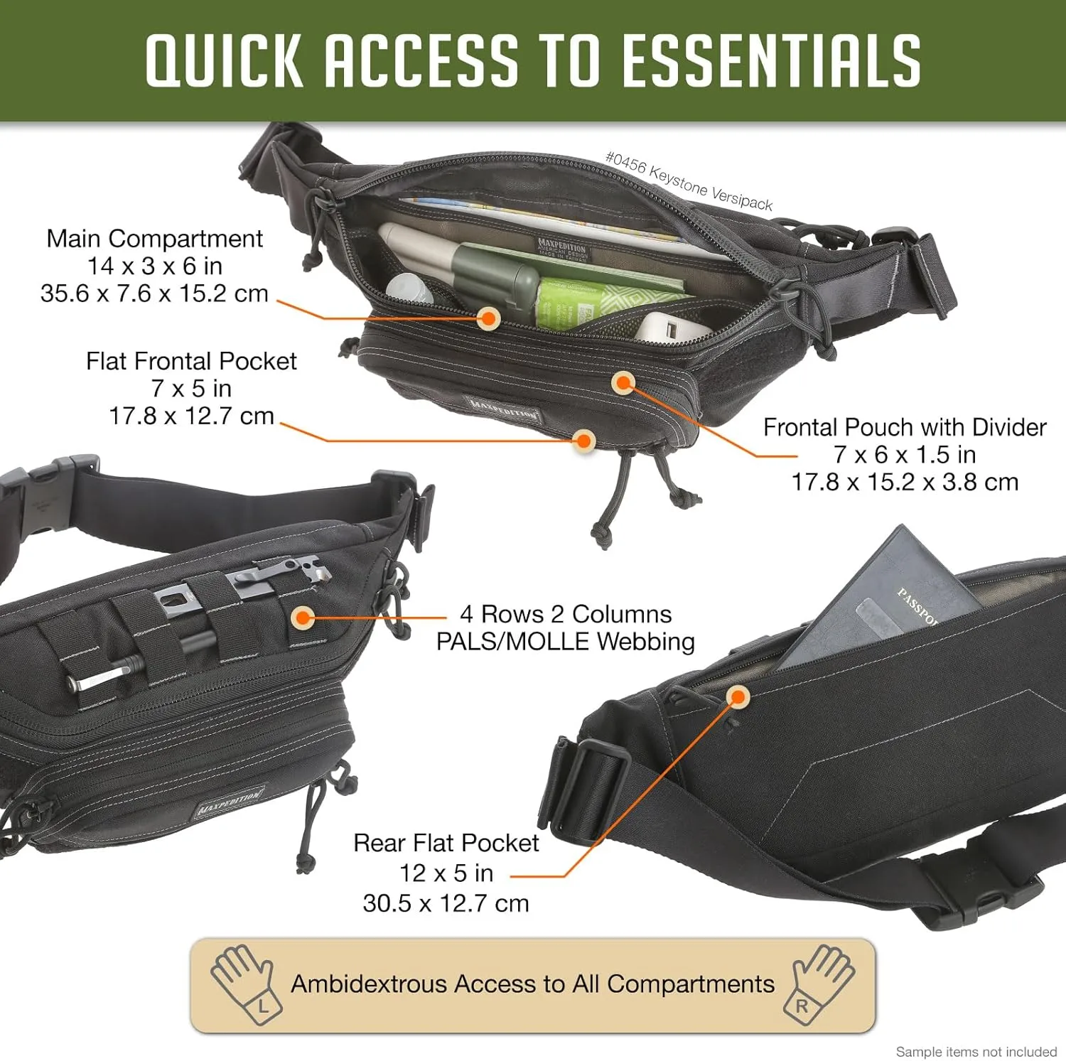 Maxpedition Keystone Versipack (14” x 6” x 6”) Tactical Crossbody Fanny Pack for Everyday Carry (Black) 0456B