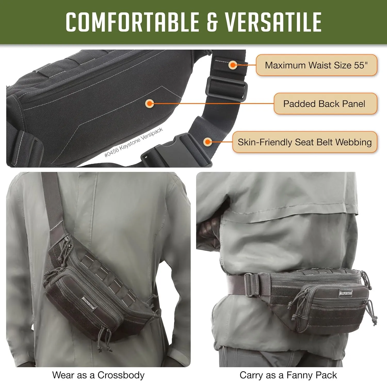 Maxpedition Keystone Versipack (14” x 6” x 6”) Tactical Crossbody Fanny Pack for Everyday Carry (Black) 0456B