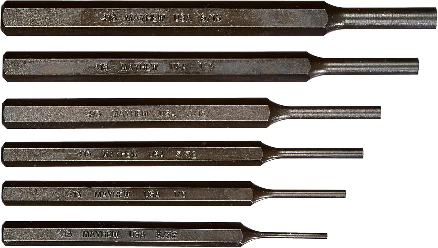 Mayhew Tools 62075 SAE Pin Punch Set with Kit Bag, 6-Piece, Black Oxide Finish