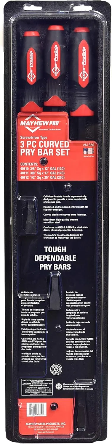 Mayhew Tools 61350 ProGrip Curved Pry Bar Set, 3-Piece, Black Oxide Finish 3-Piece Set
