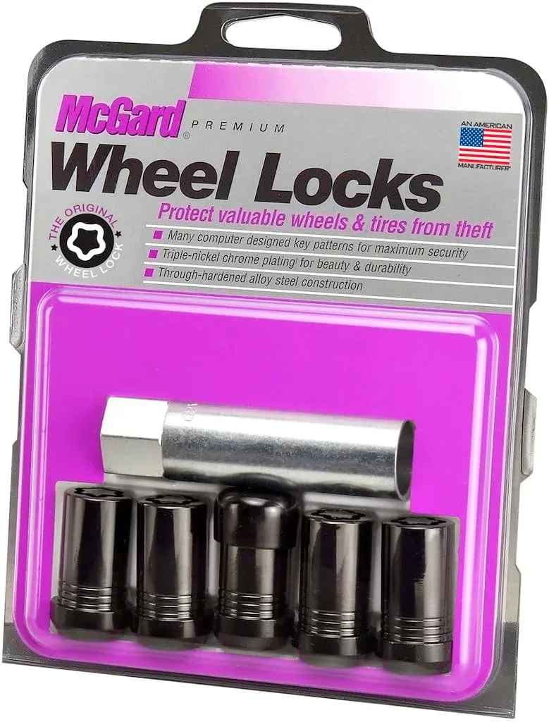 McGard Wheel Lock, Premium, 14 mm x 1.50 Thread, Cone Seat, Closed End, Key Included, Steel, Black Chrome, Set of 5 (25515BK)