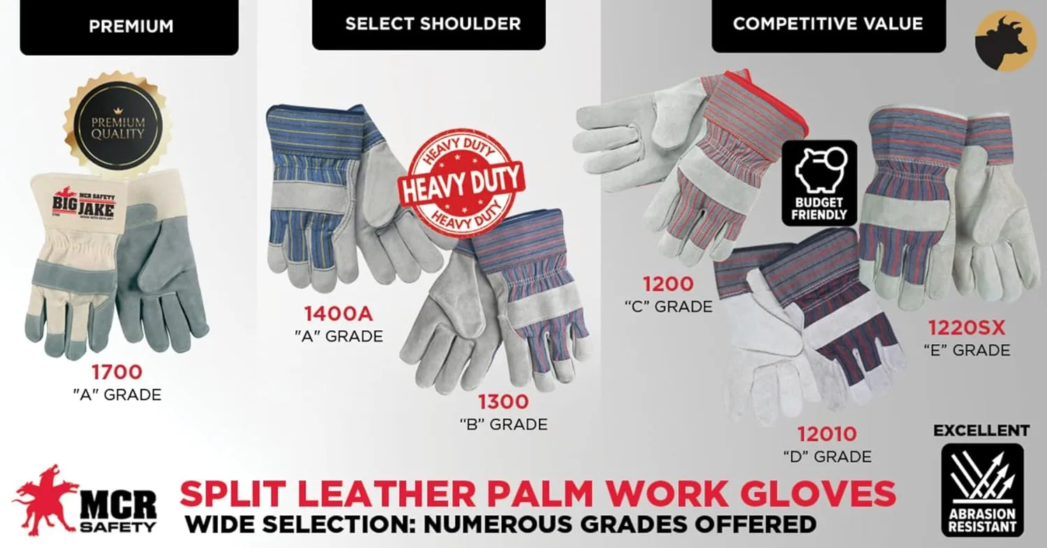 MCR Safety 1200 Economy Shoulder Split Cow Leather Palm Men's Gloves with 2-1/2-Inch Rubberized Safety Cuff and Gunn Pattern