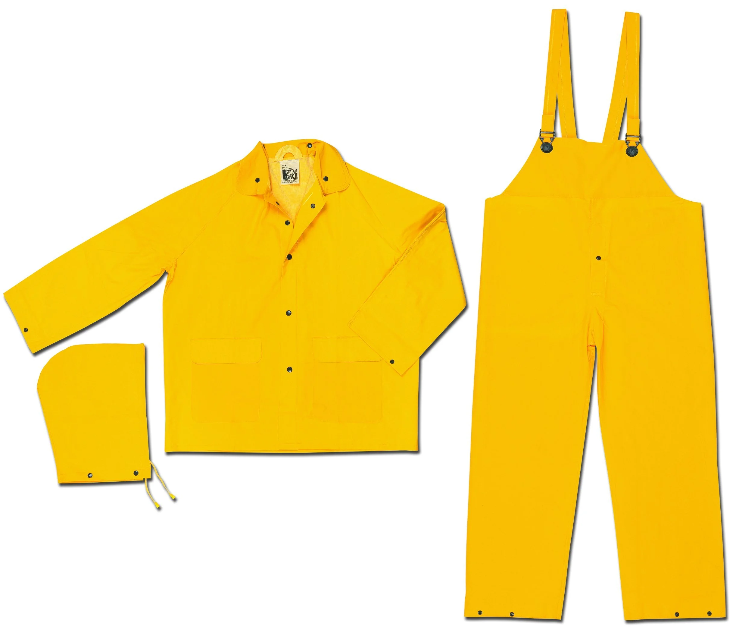 MCR Safety FR2003XL Classic PVC/Polyester 3-Piece Flame Resistant Rainsuit with Attached Hood and Bib Pants, Yellow, X-Large
