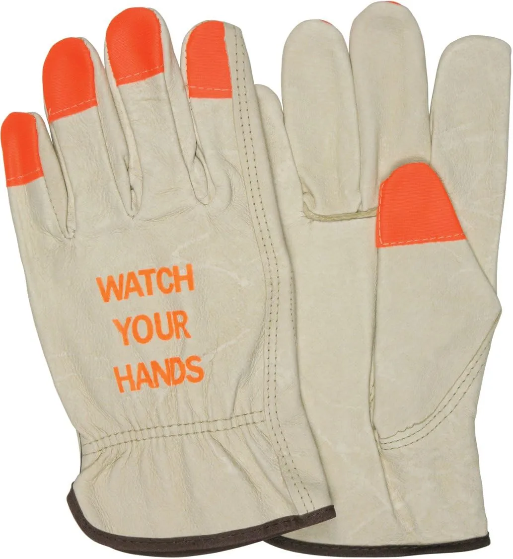 MCR SAFETY 3413HVI Grain Pigskin Driver Gloves with High-Visibility Fingertips